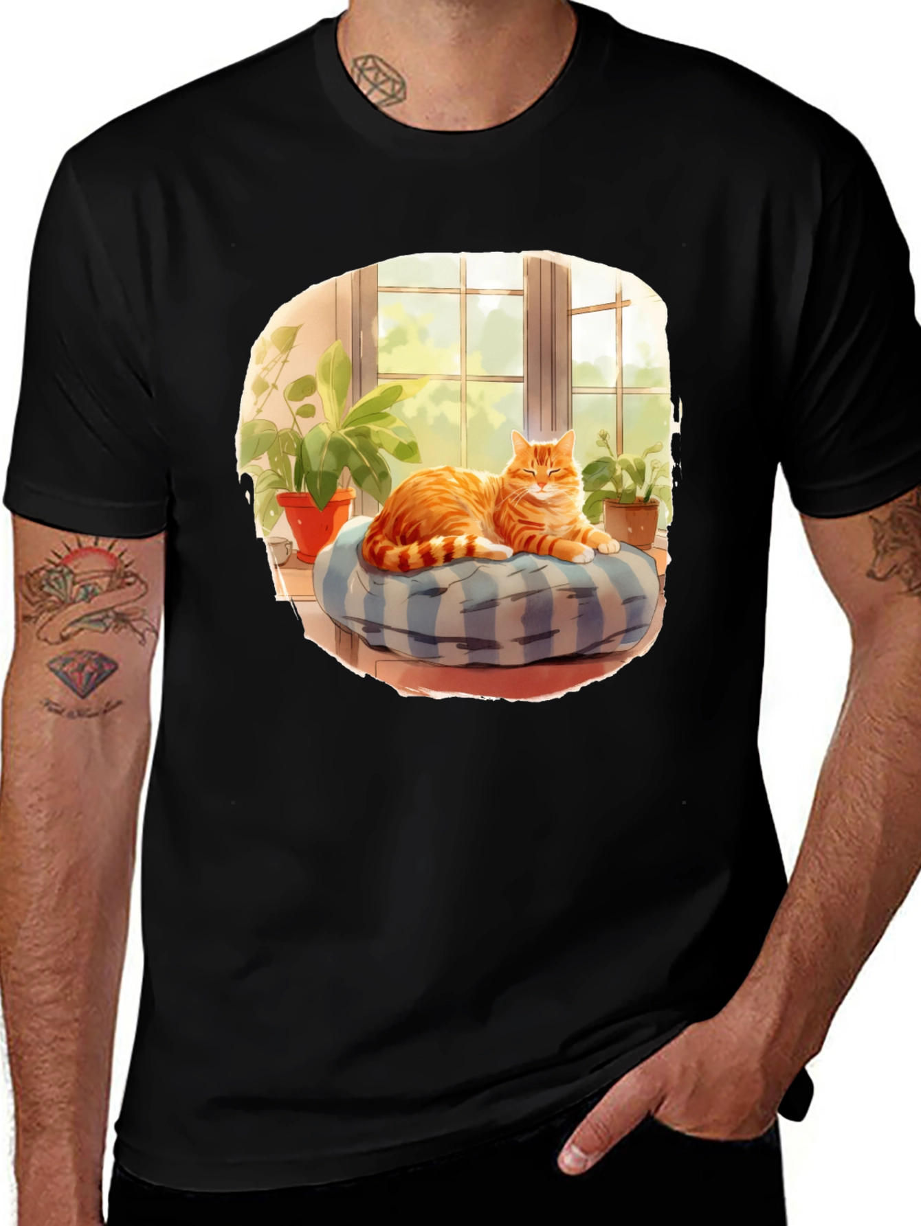 Cozy Cat T-Shirt: Relaxed Feline in Window Design