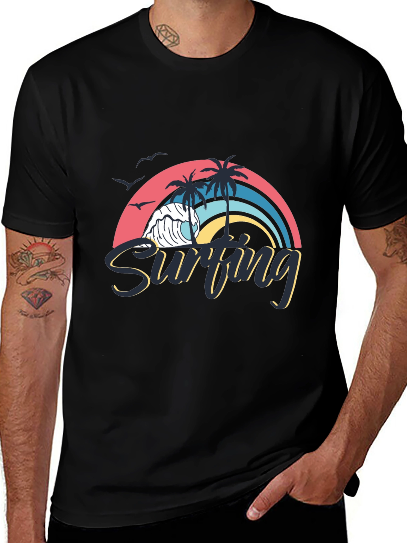 Surfing Wave Graphic Black T-Shirt