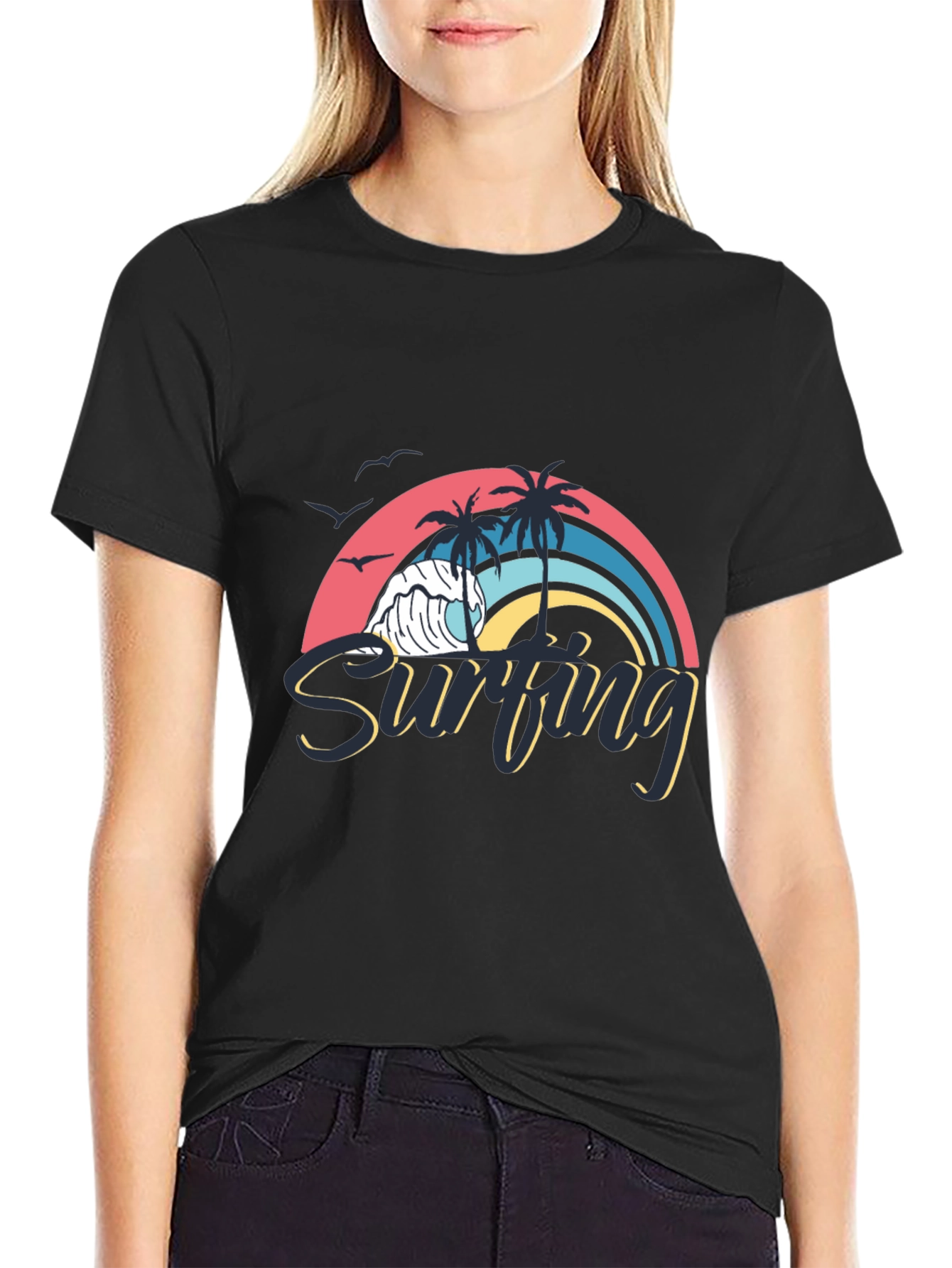 Surfing Wave Graphic Black T-Shirt