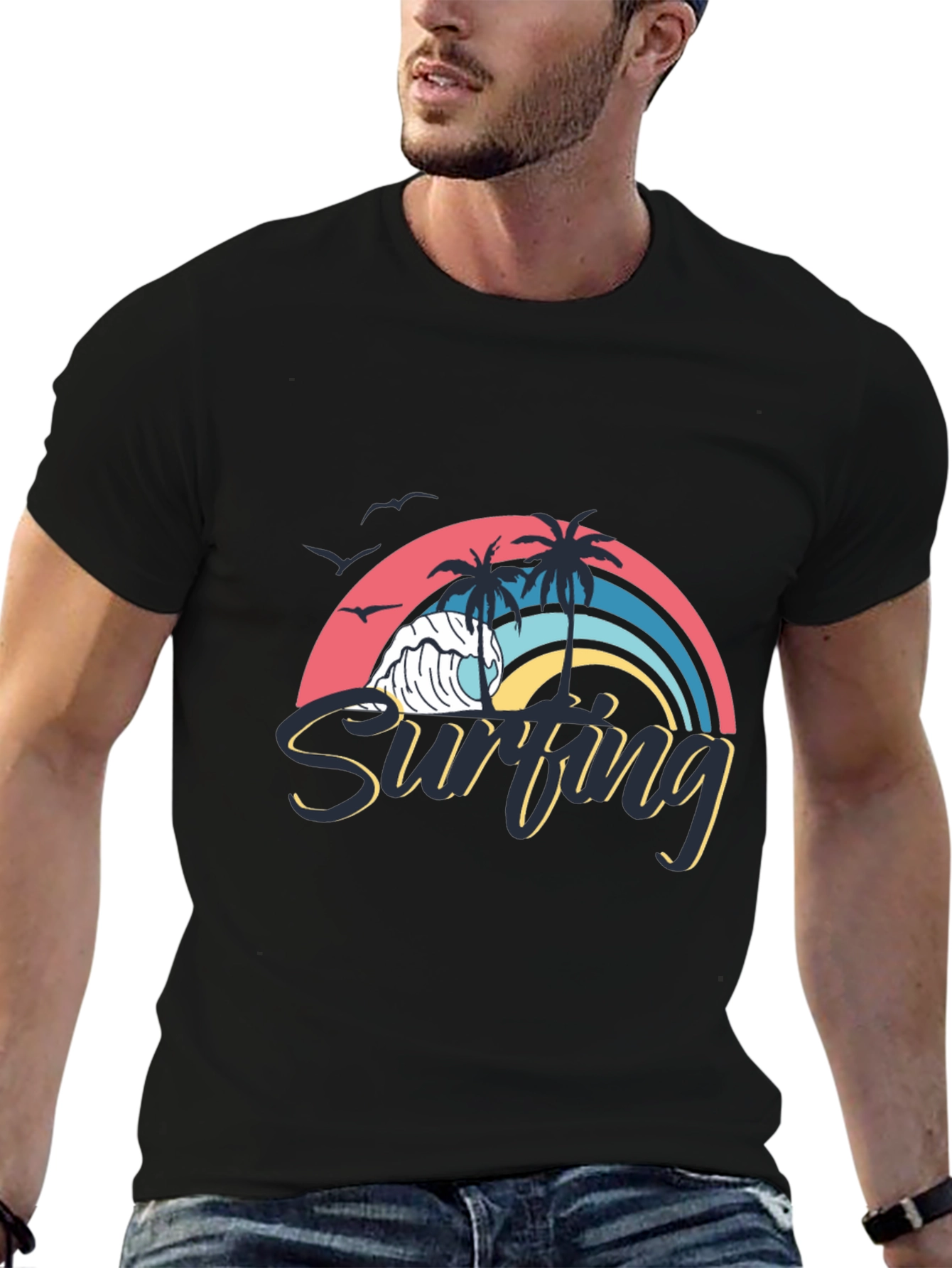 Surfing Wave Graphic Black T-Shirt