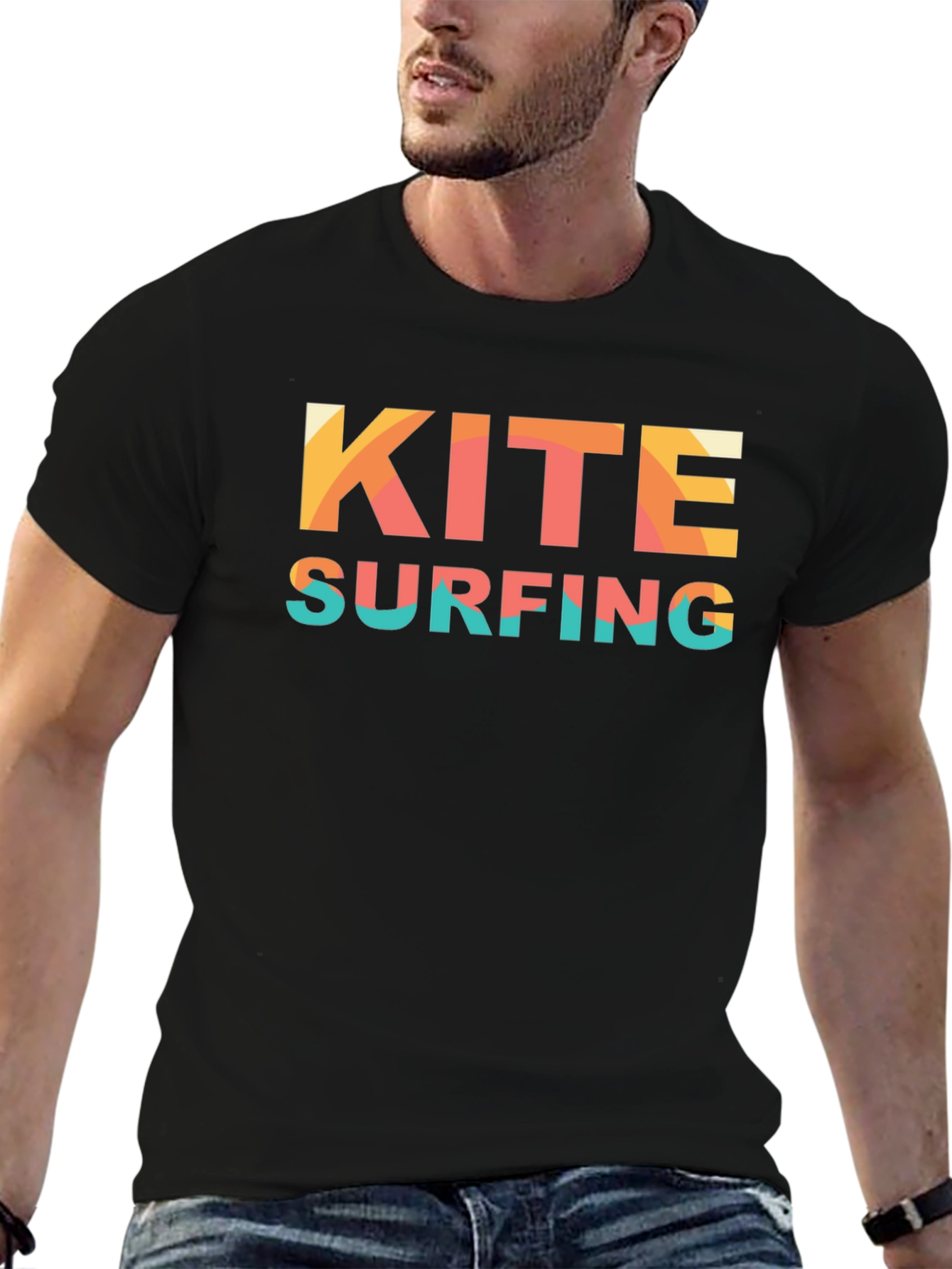 Kite Surfing Graphic T-Shirt Black Cotton Tee