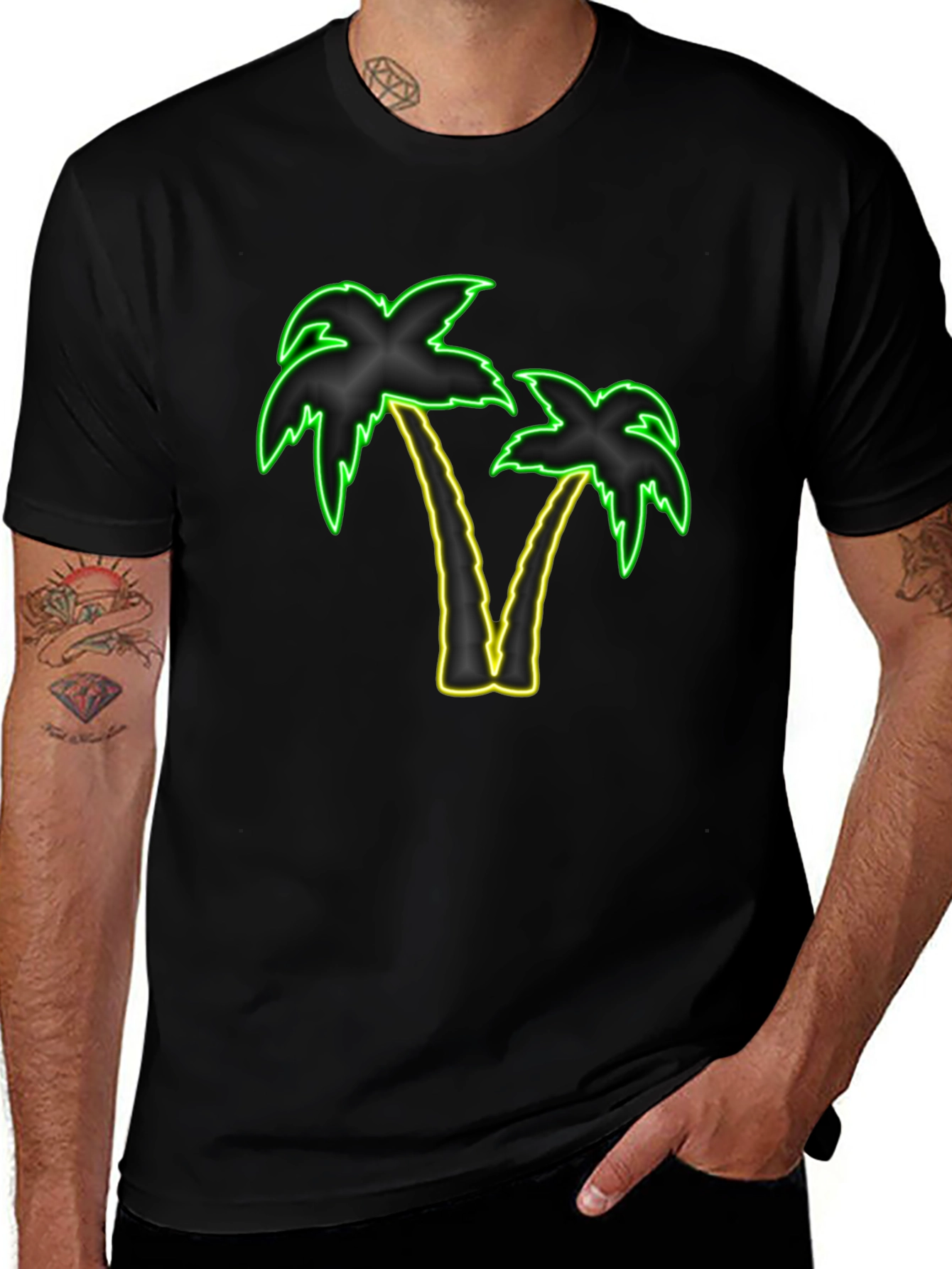 Neon Palm Trees Graphic Tee - Black T-Shirt