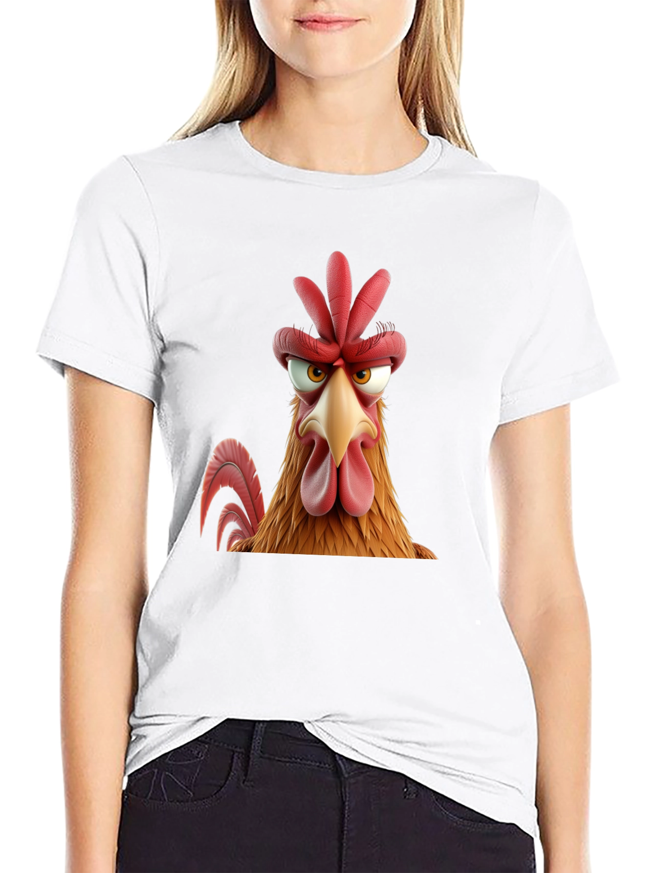 Angry Chicken Cartoon Graphic Print Black T-Shirt