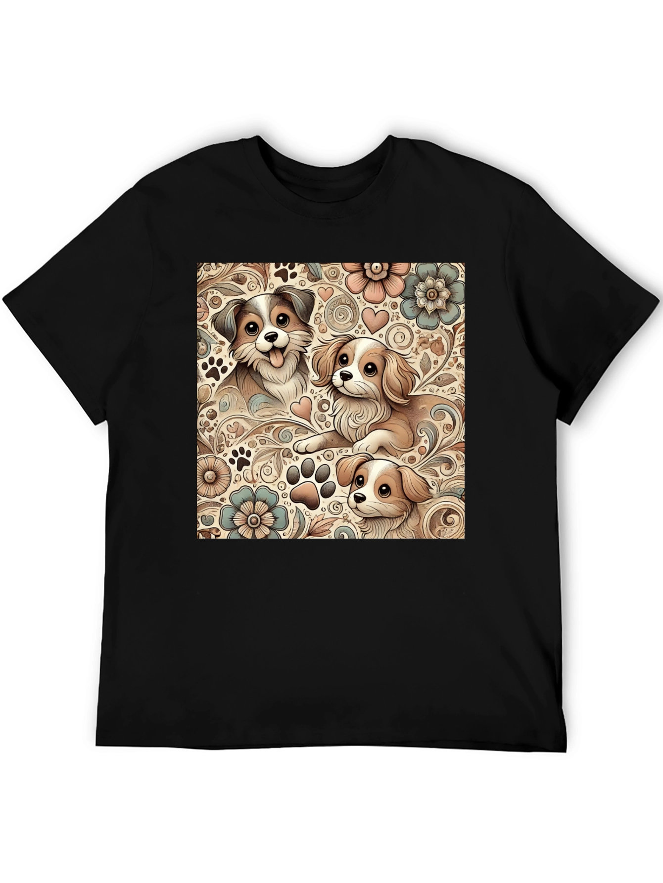 Puppy Floral Pattern Black T-Shirt