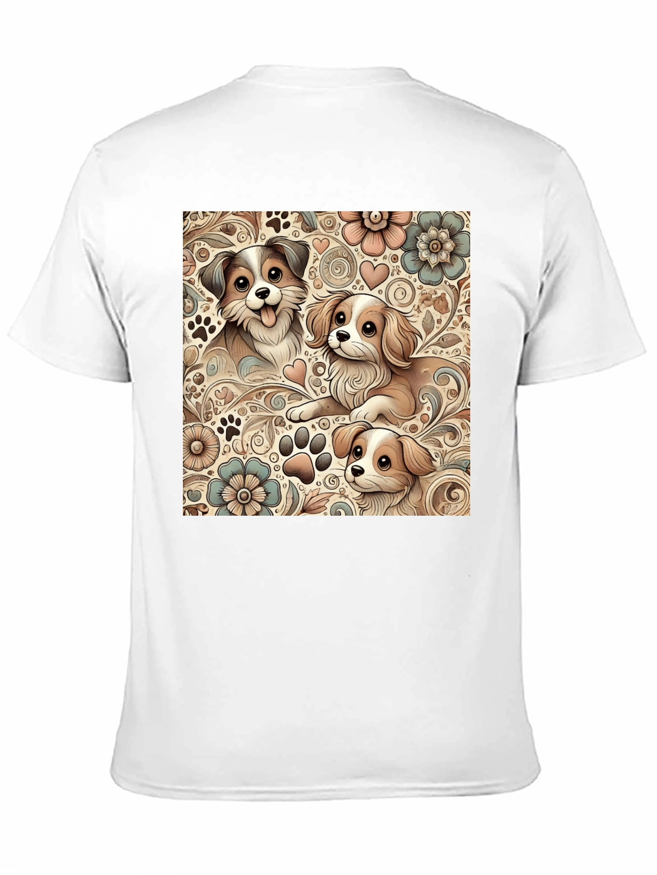 Puppy Floral Pattern Black T-Shirt