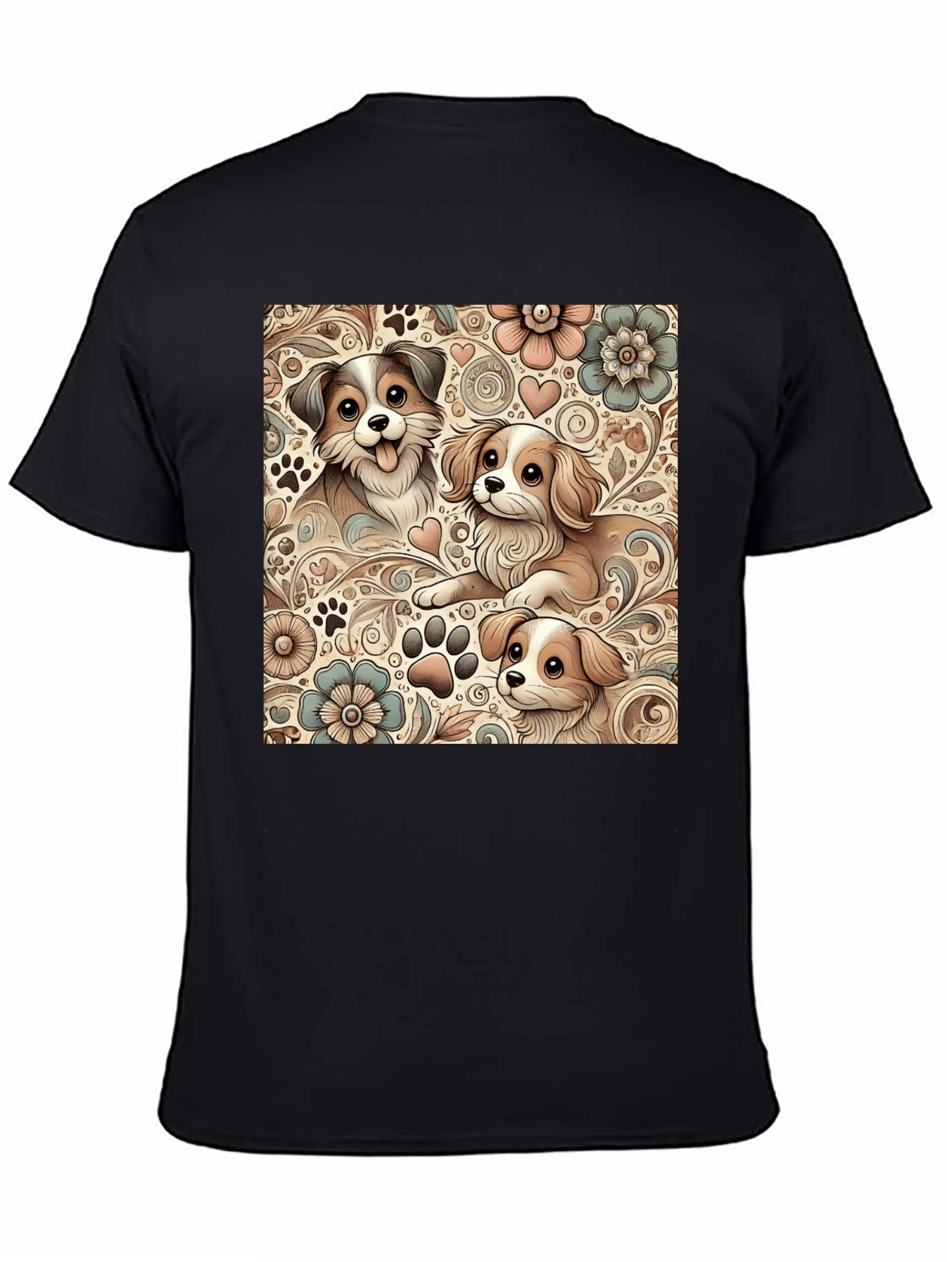 Puppy Floral Pattern Black T-Shirt