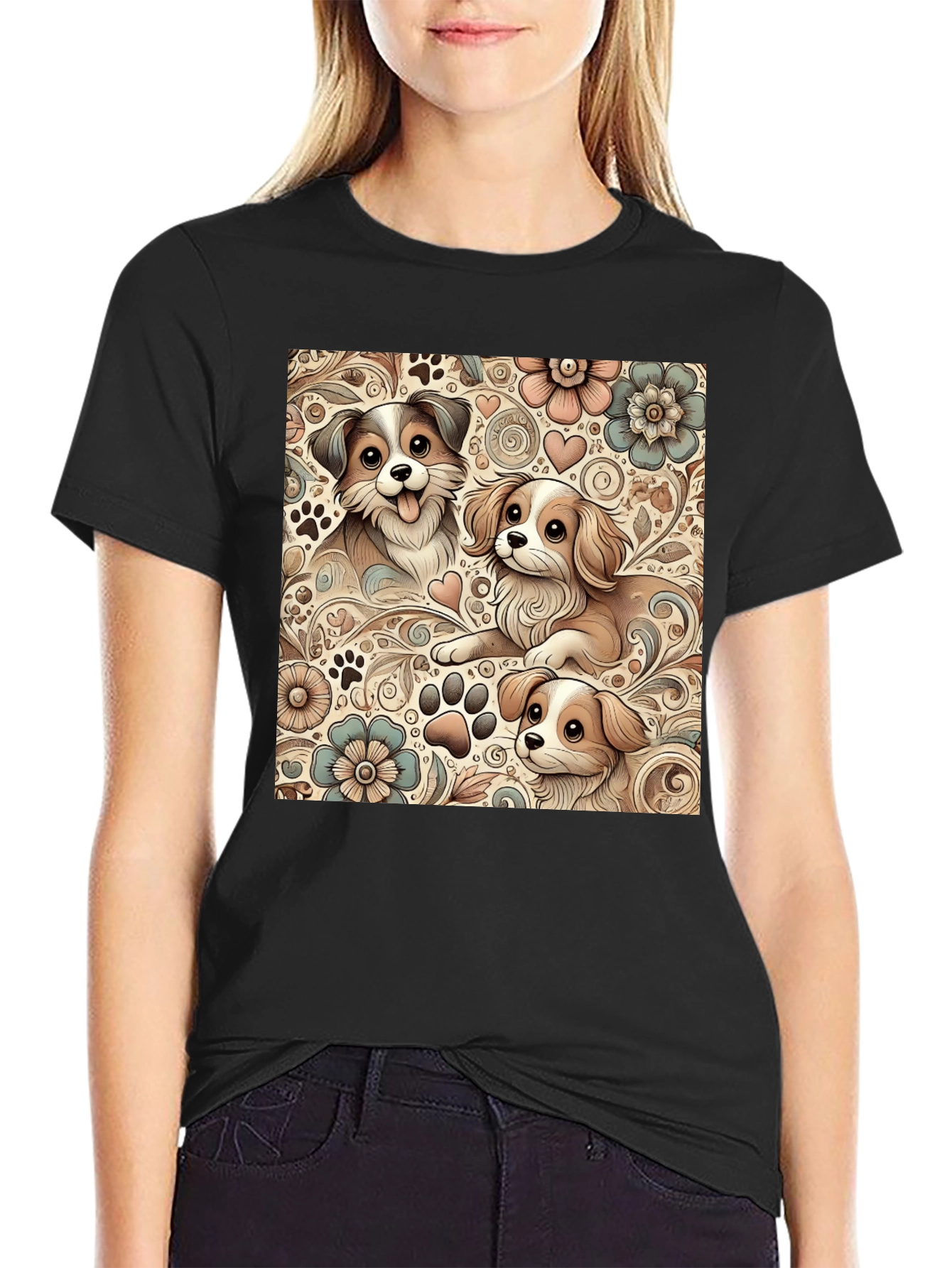 Puppy Floral Pattern Black T-Shirt