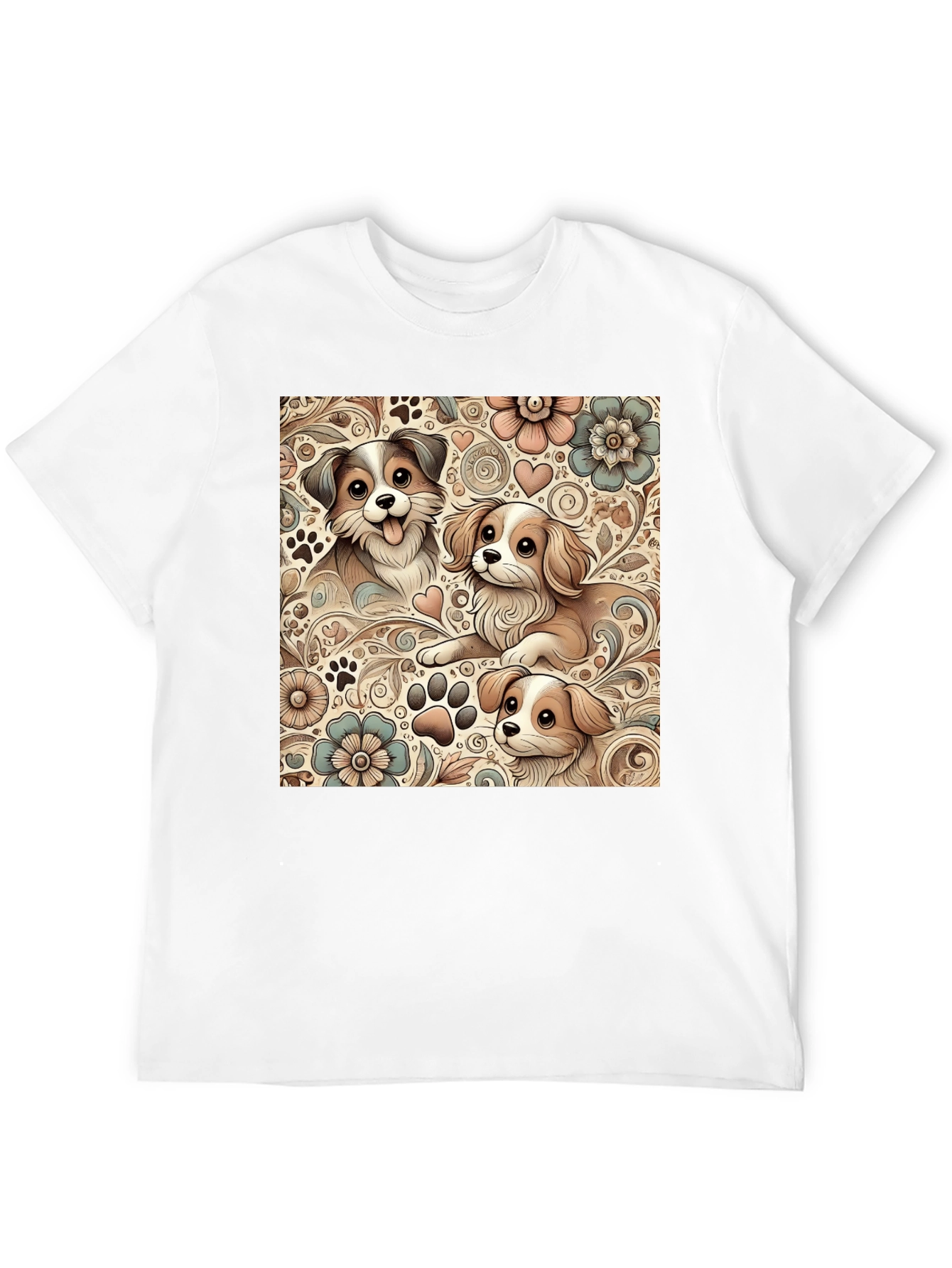 Puppy Floral Pattern Black T-Shirt