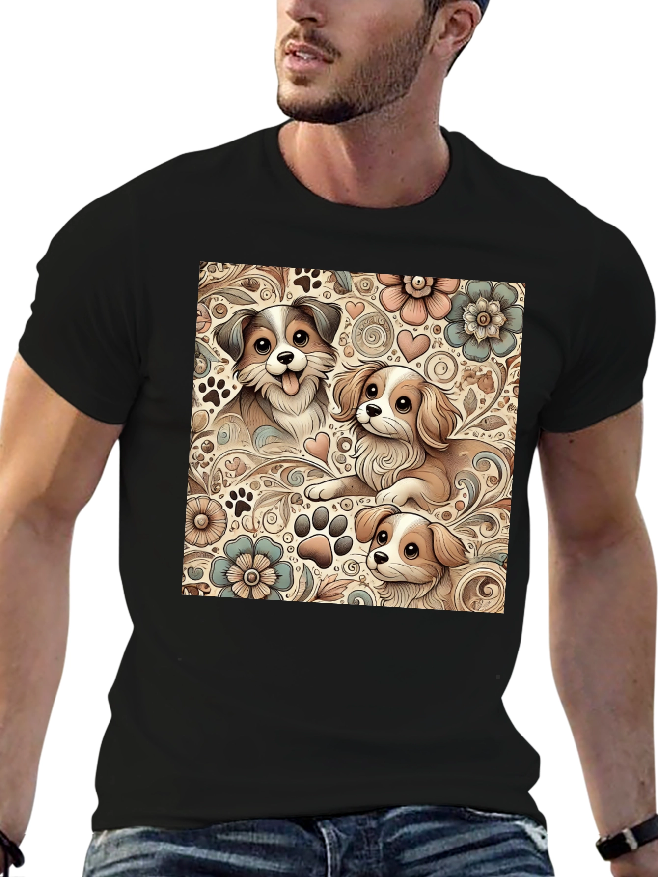 Puppy Floral Pattern Black T-Shirt