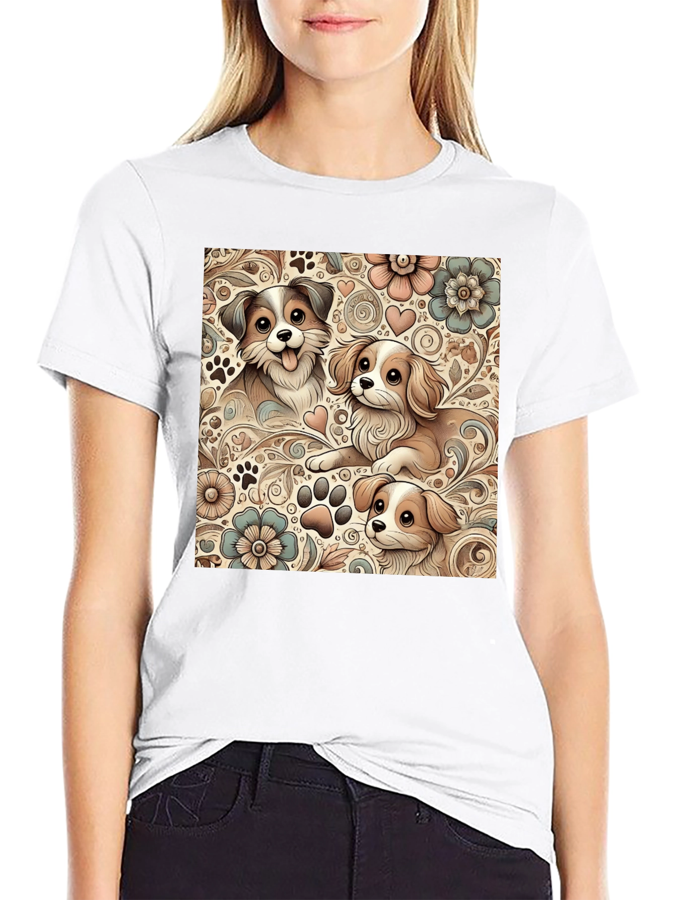 Puppy Floral Pattern Black T-Shirt