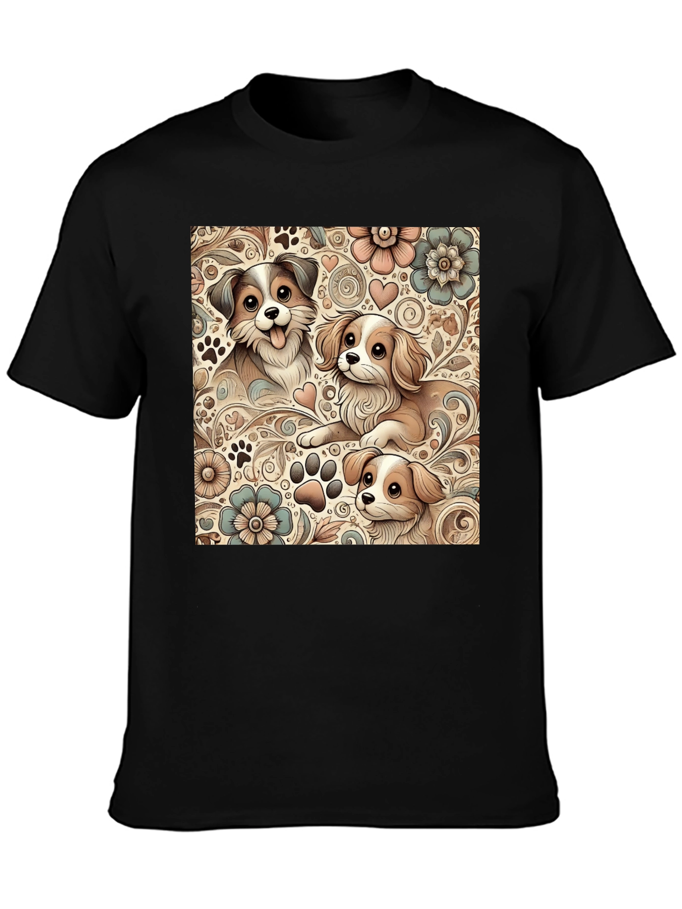 Puppy Floral Pattern Black T-Shirt