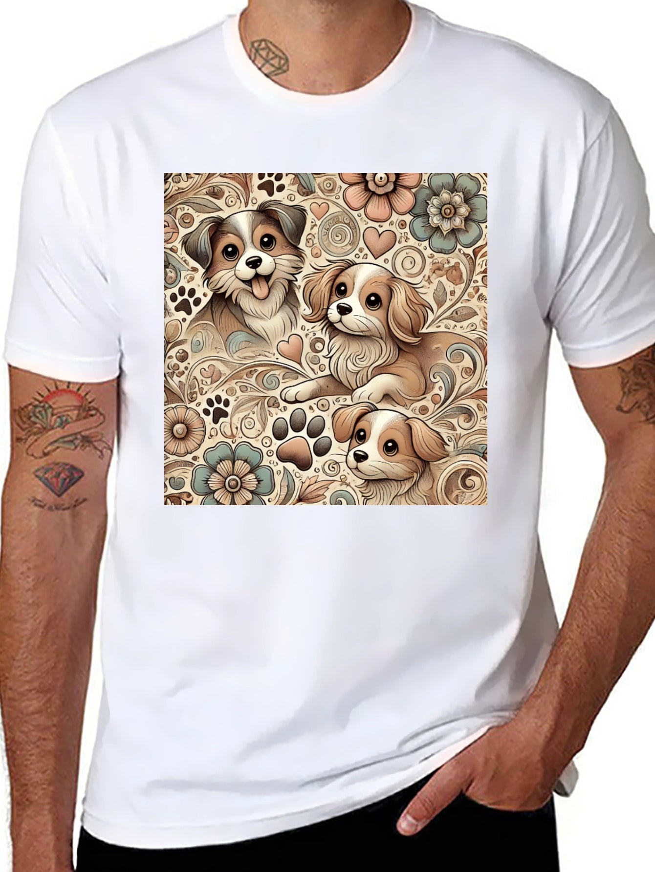 Puppy Floral Pattern Black T-Shirt