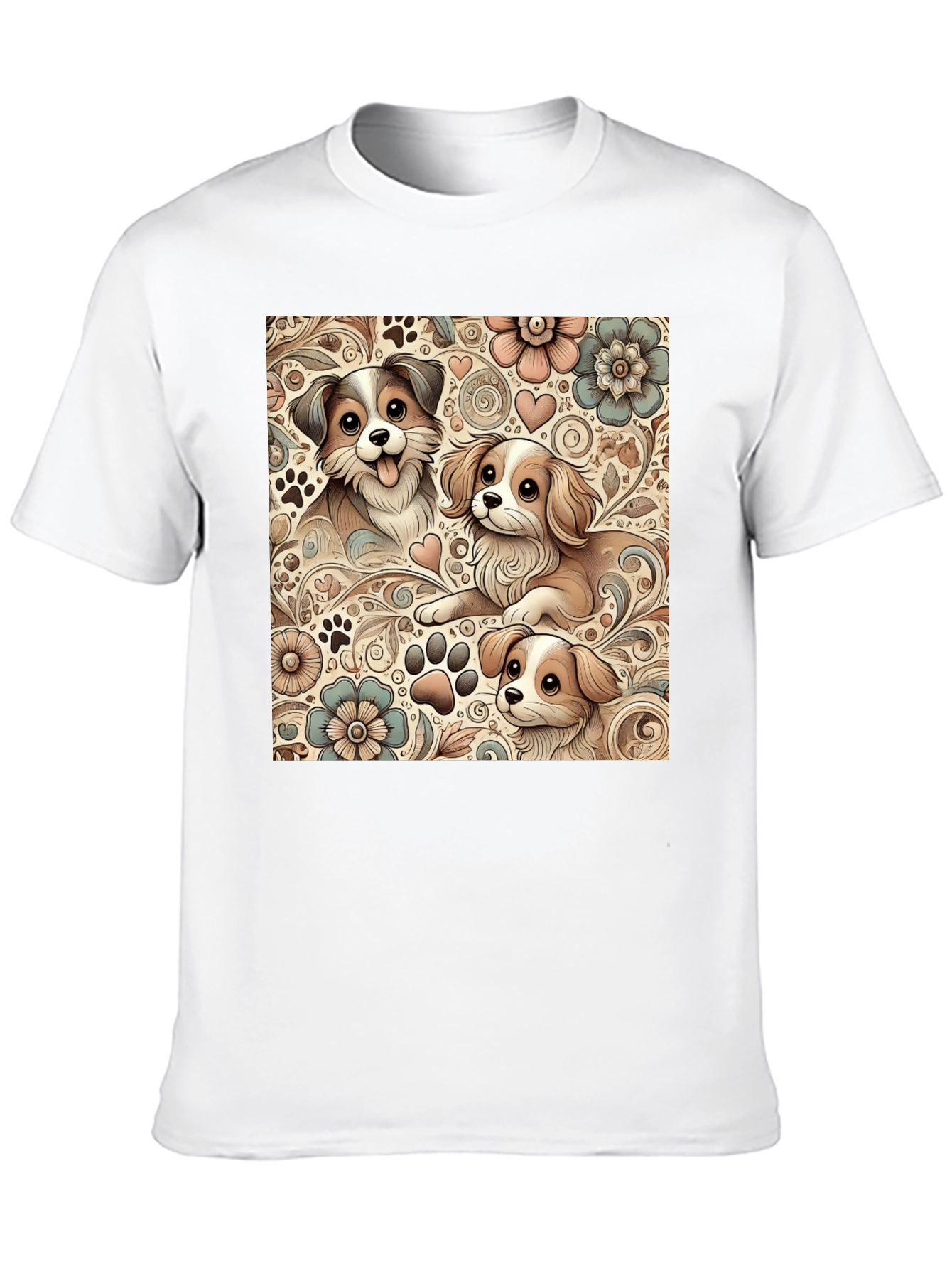 Puppy Floral Pattern Black T-Shirt