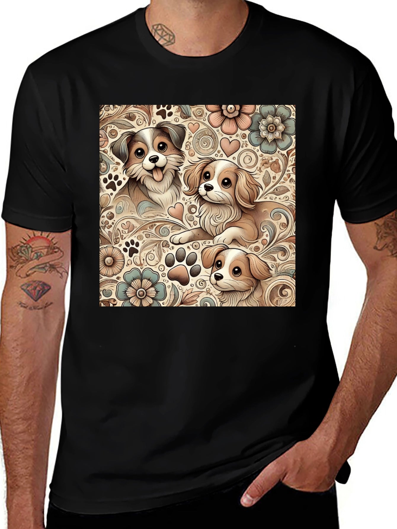Puppy Floral Pattern Black T-Shirt