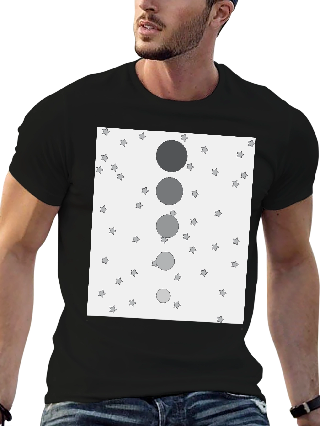 Stylish Black T-Shirt with Starry Sky & Moon Design