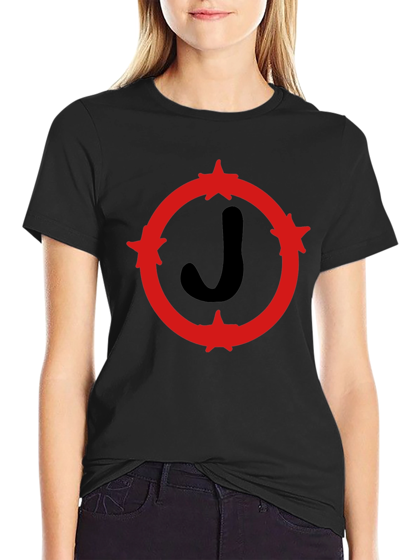 Black T-Shirt with Red Star Circle J Design