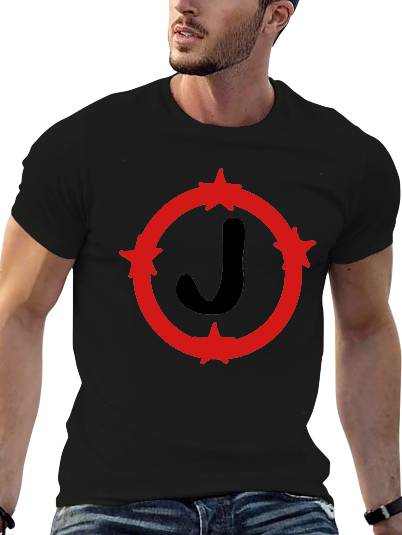 Black T-Shirt with Red Star Circle J Design
