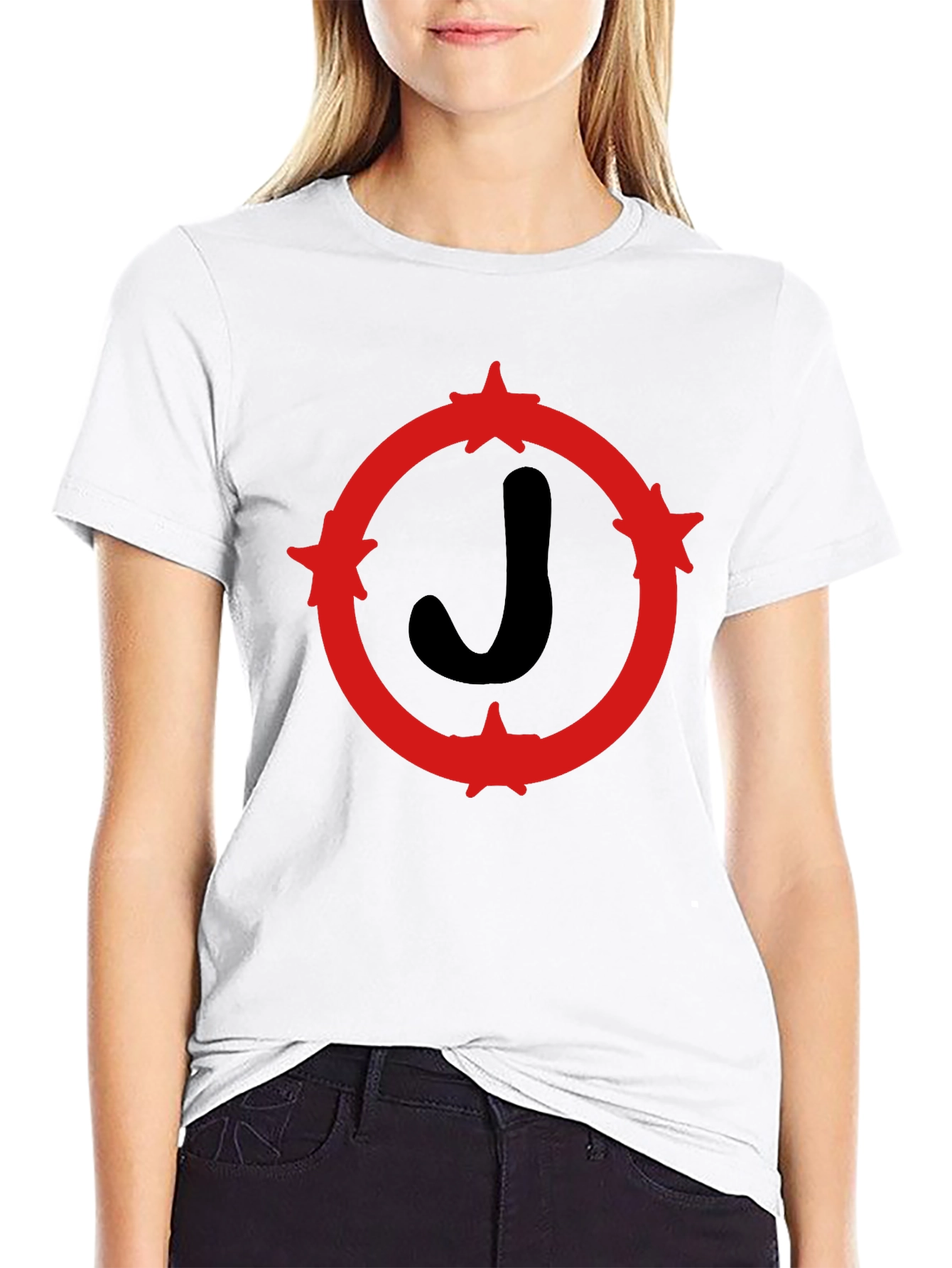 Black T-Shirt with Red Star Circle J Design