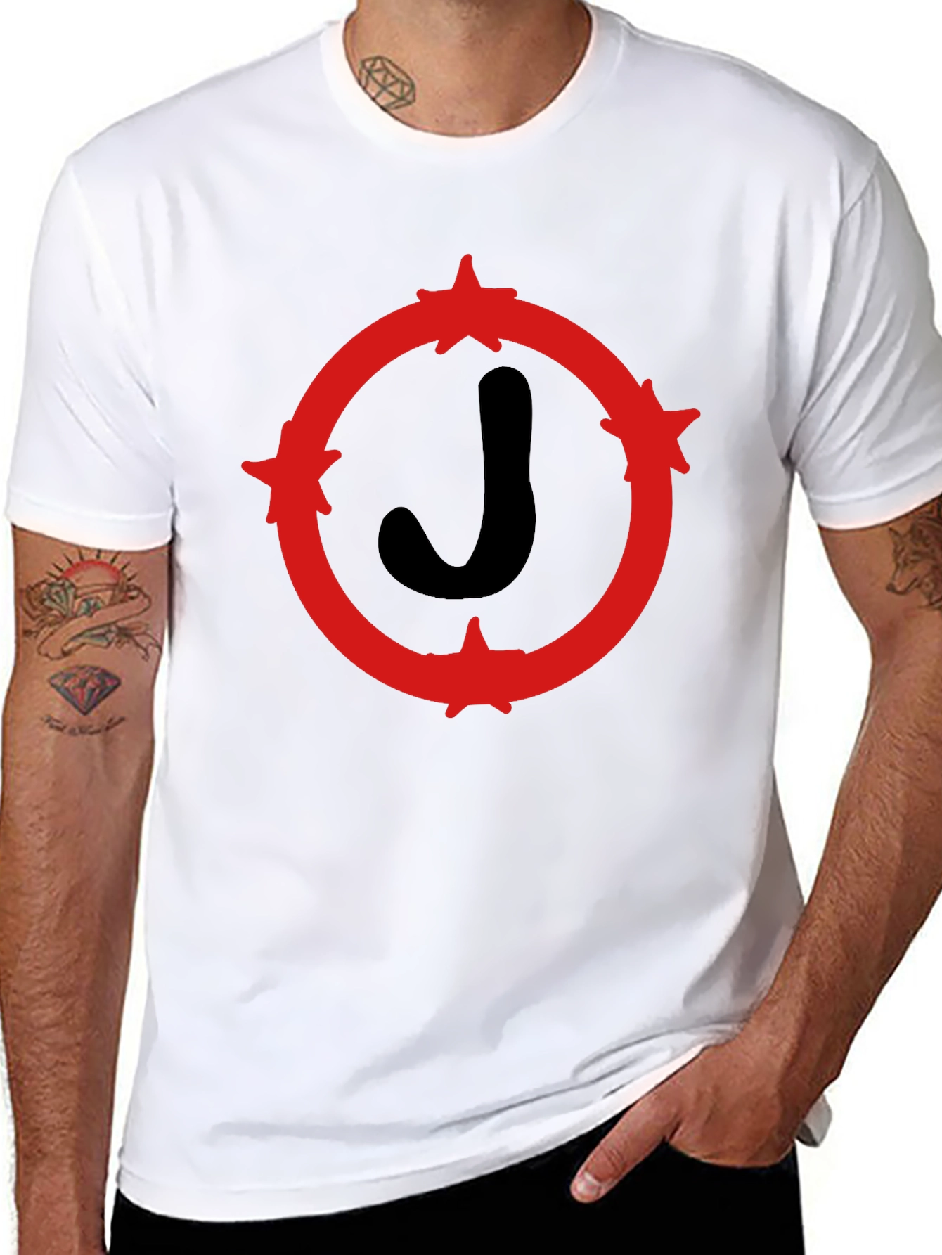 Black T-Shirt with Red Star Circle J Design