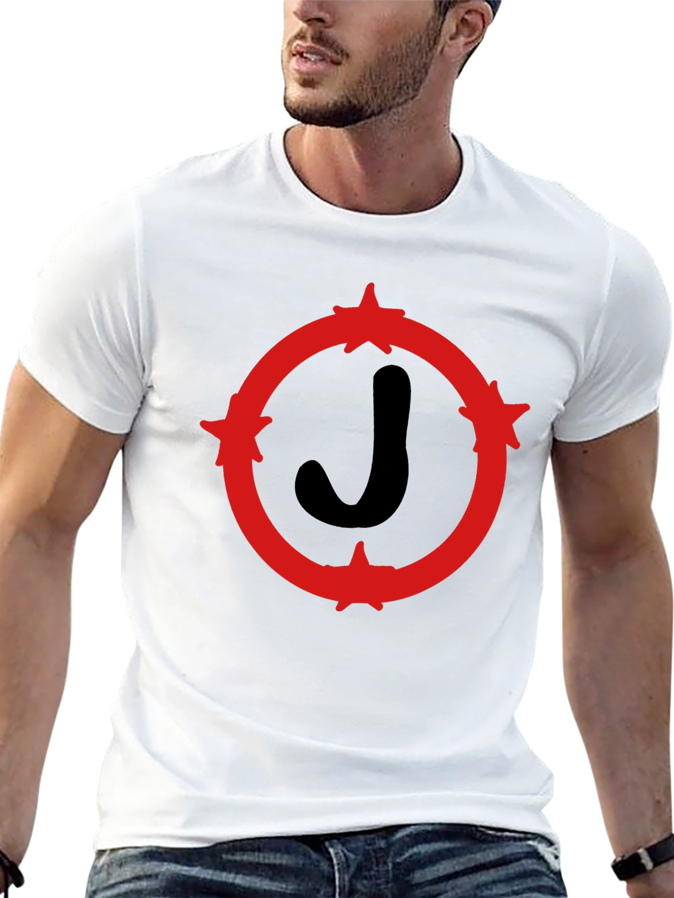 Black T-Shirt with Red Star Circle J Design