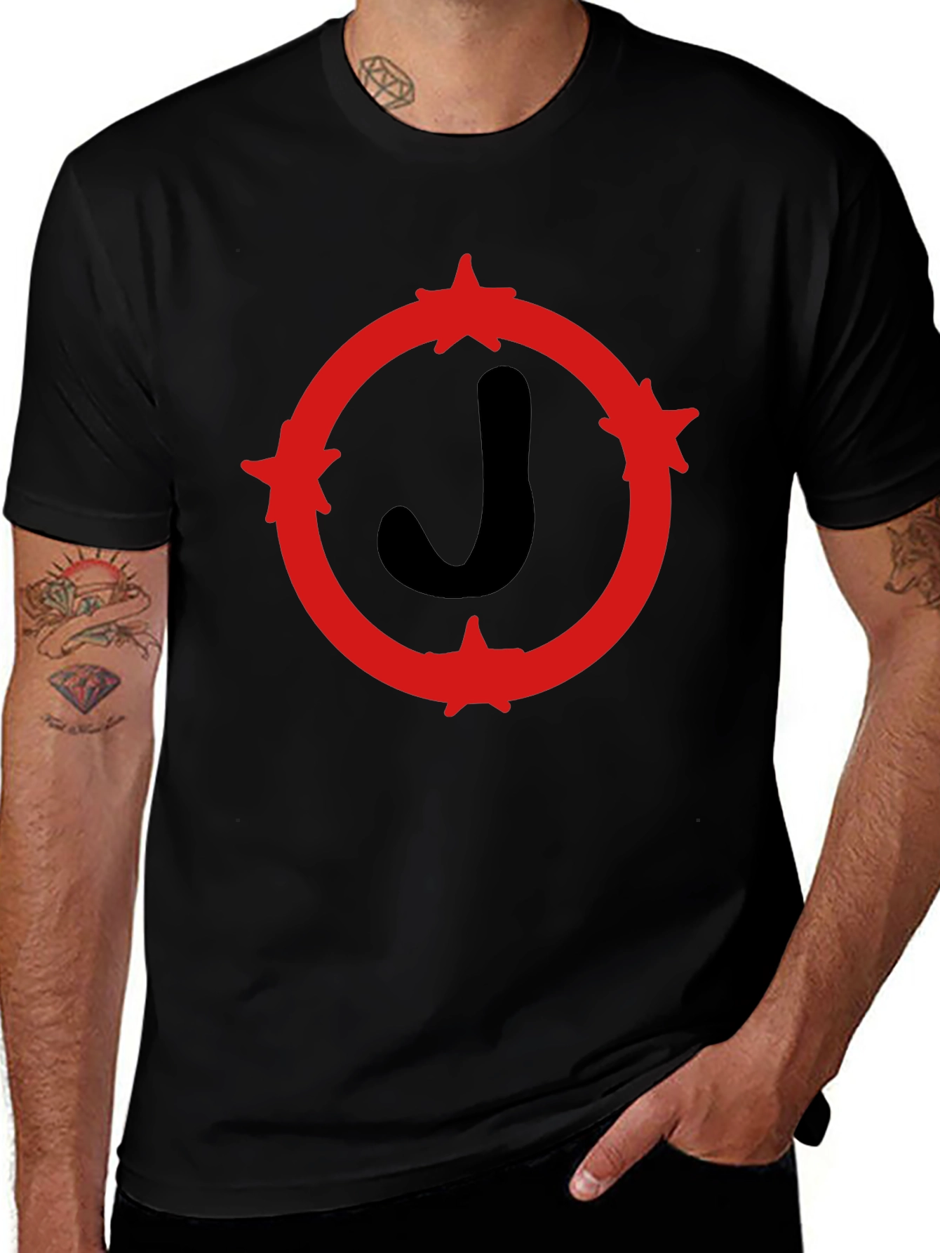 Black T-Shirt with Red Star Circle J Design