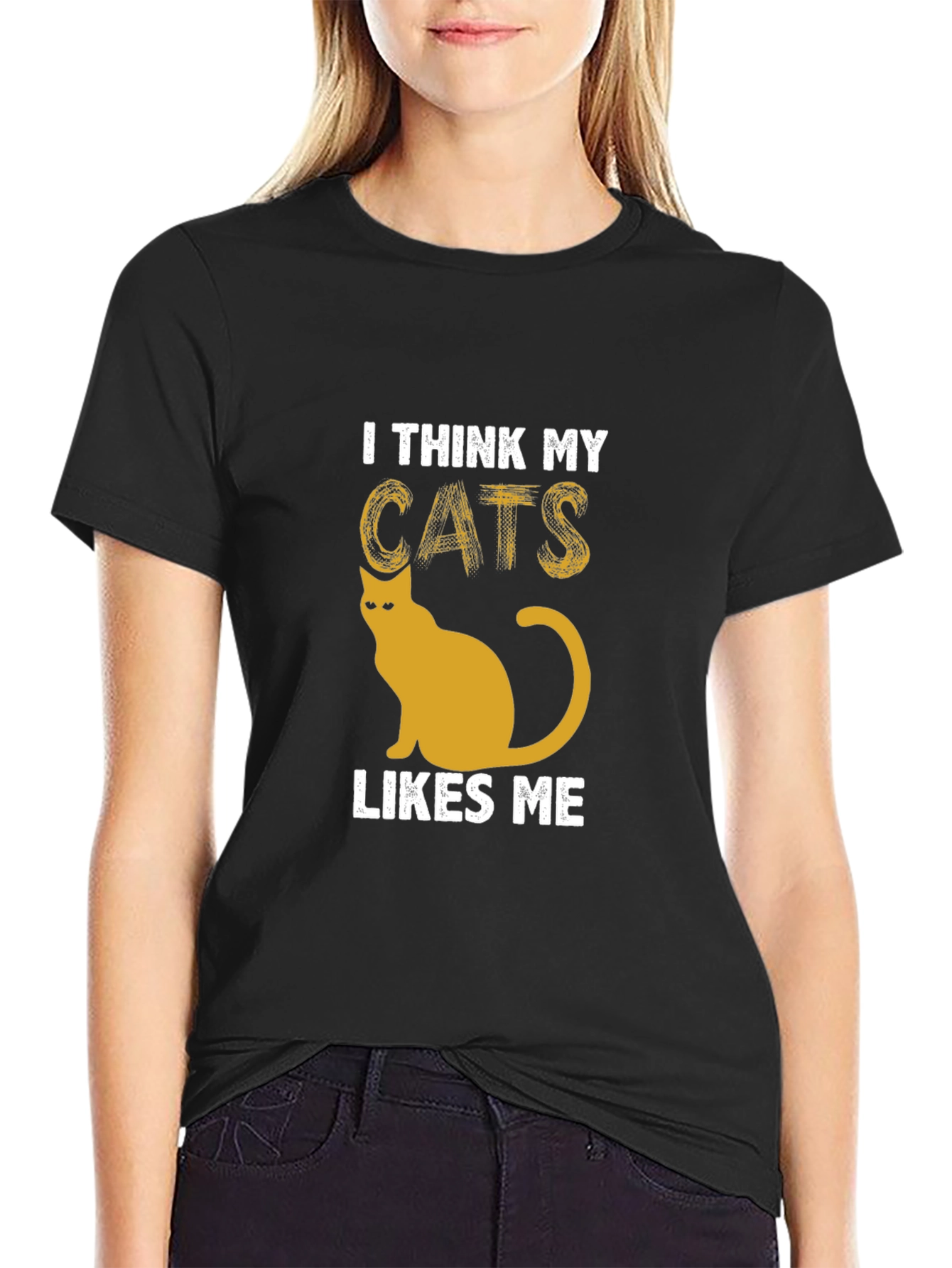 I Think My Cats Likes Me Black Graphic Tee