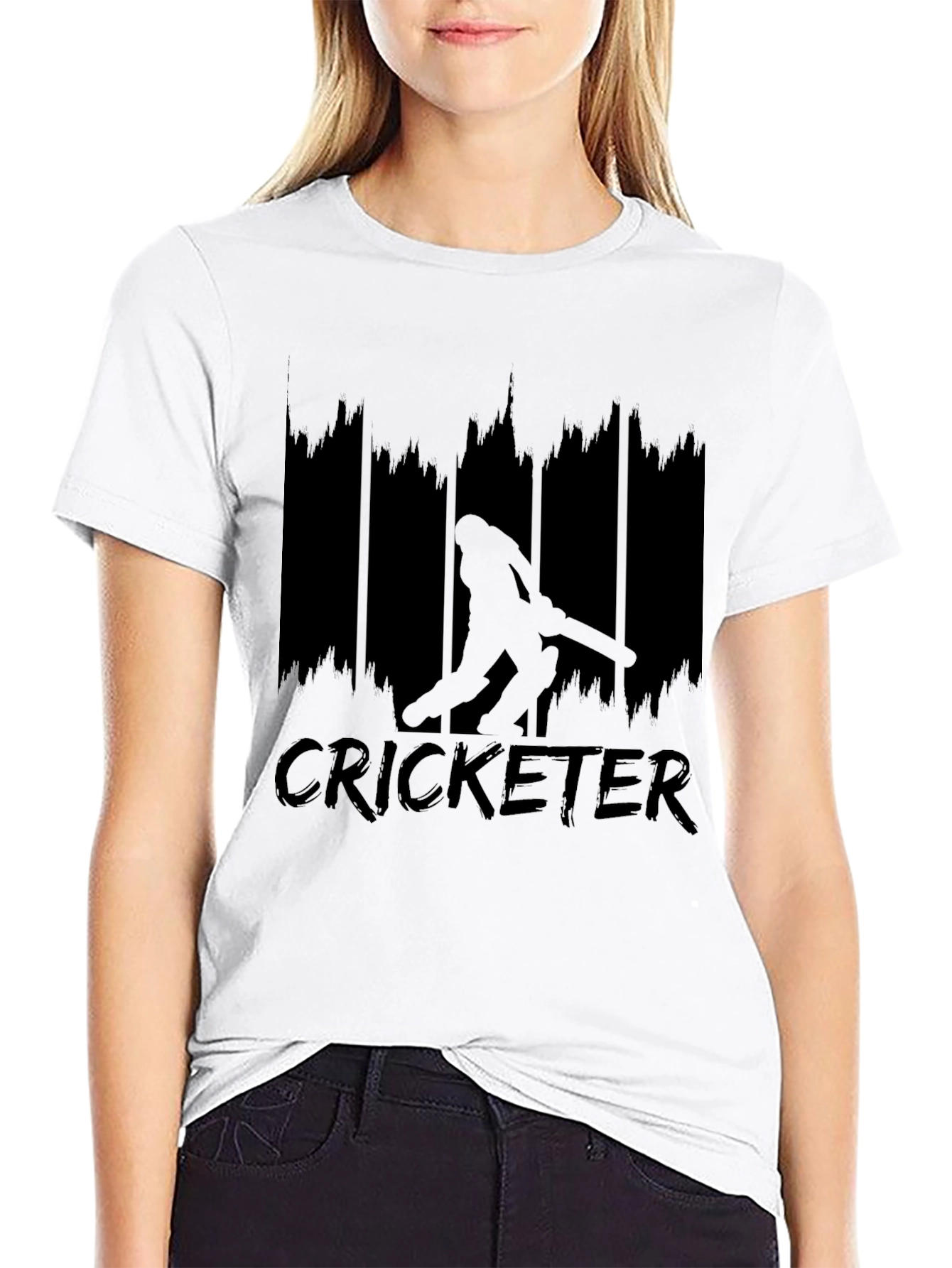 Black Cricket Player Silhouette Graphic Tee