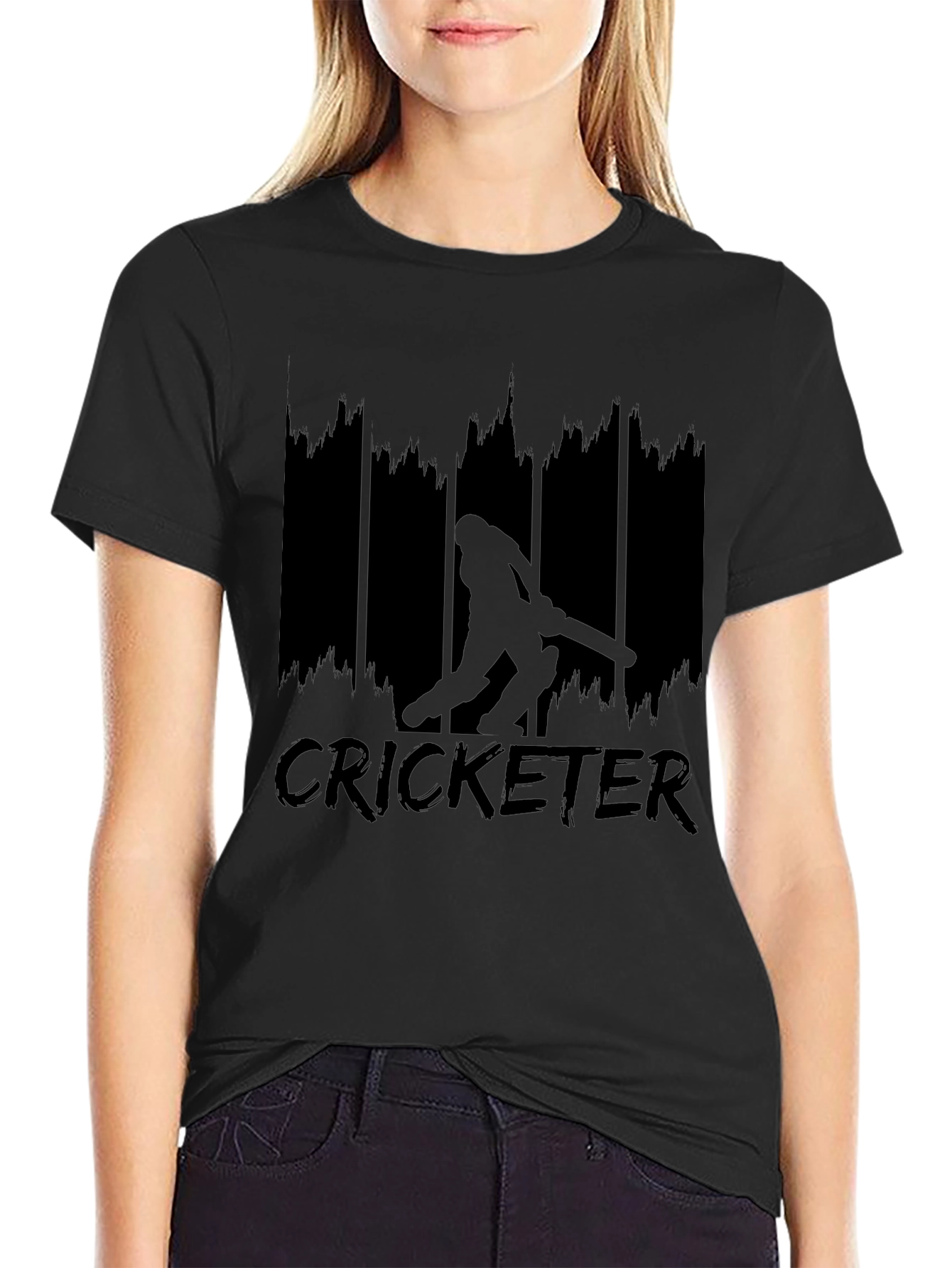 Black Cricket Player Silhouette Graphic Tee