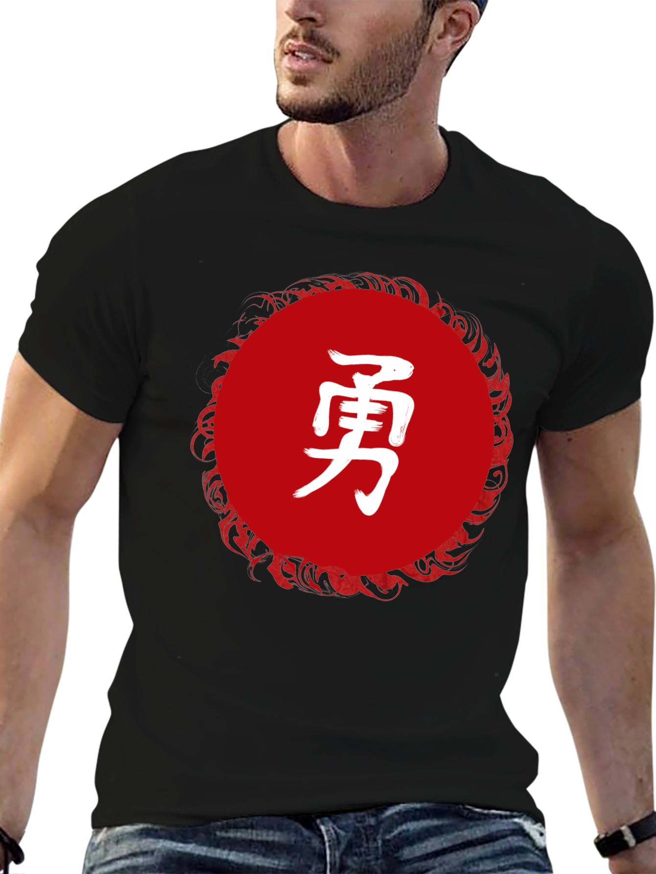 Black T-Shirt with Japanese Kanji Courage Design