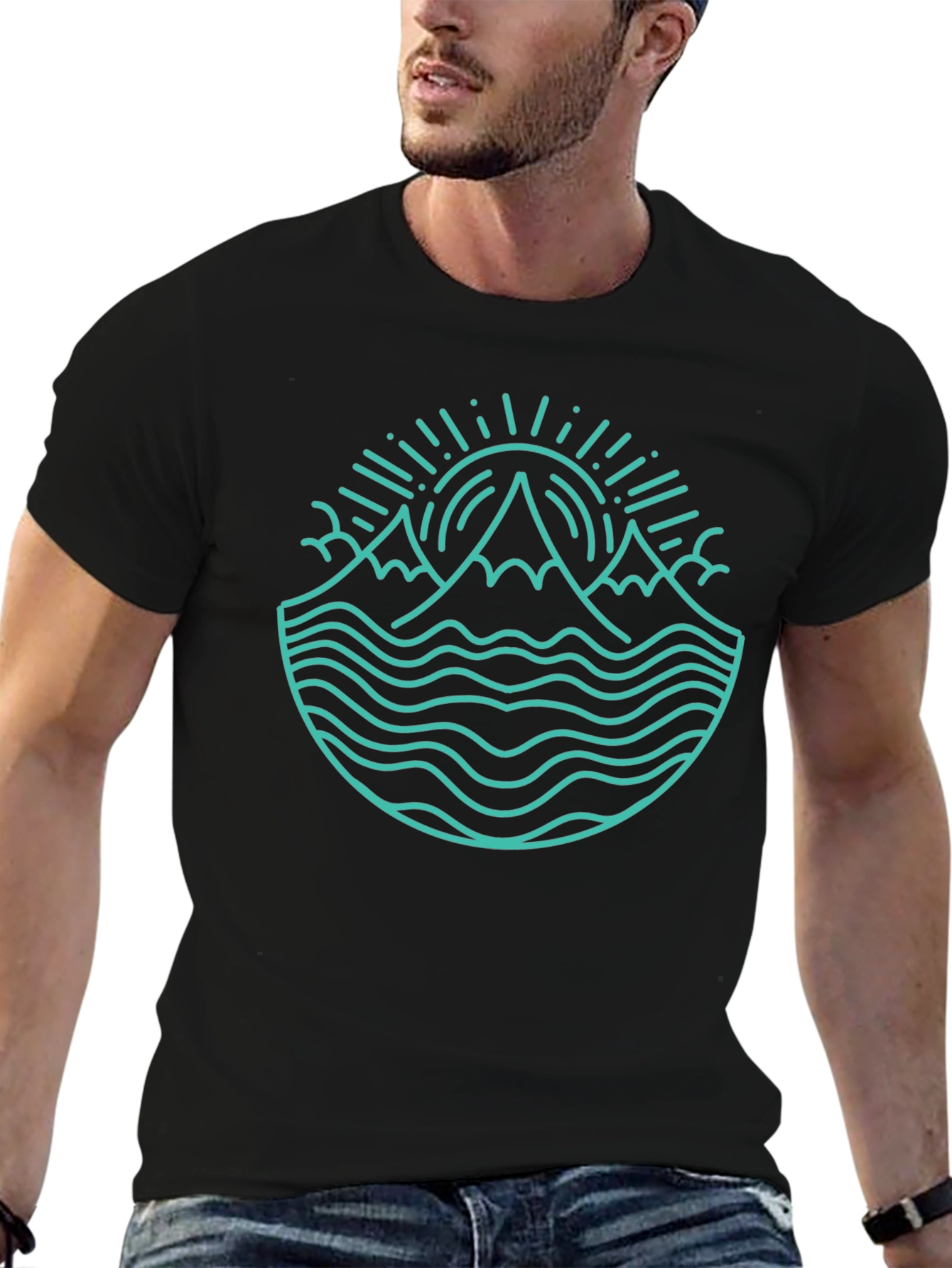 Mountain & Ocean Graphic Tee - Stylish Black T-Shirt