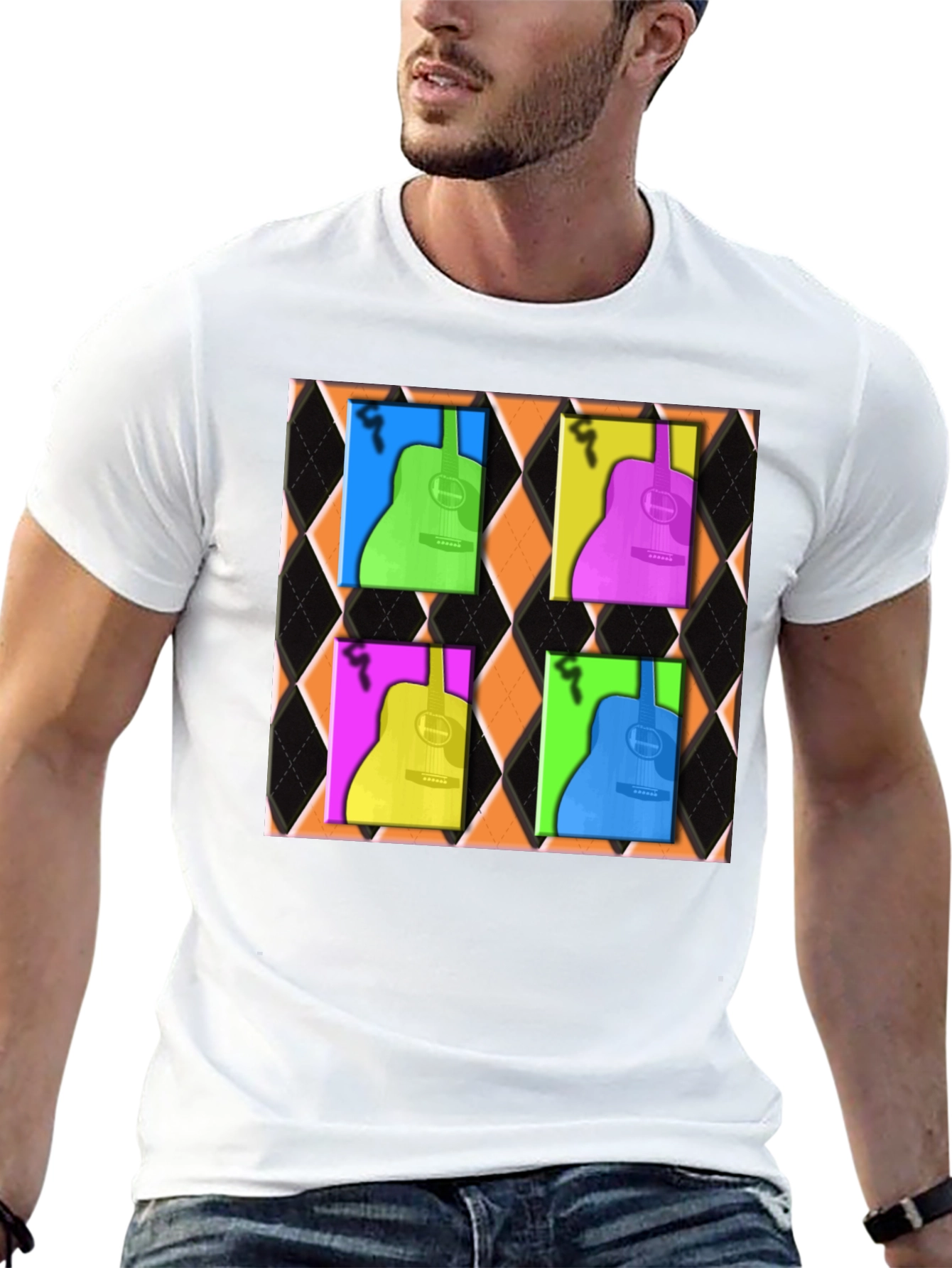 Retro Guitar Graphic Tee - Black Cotton Blend