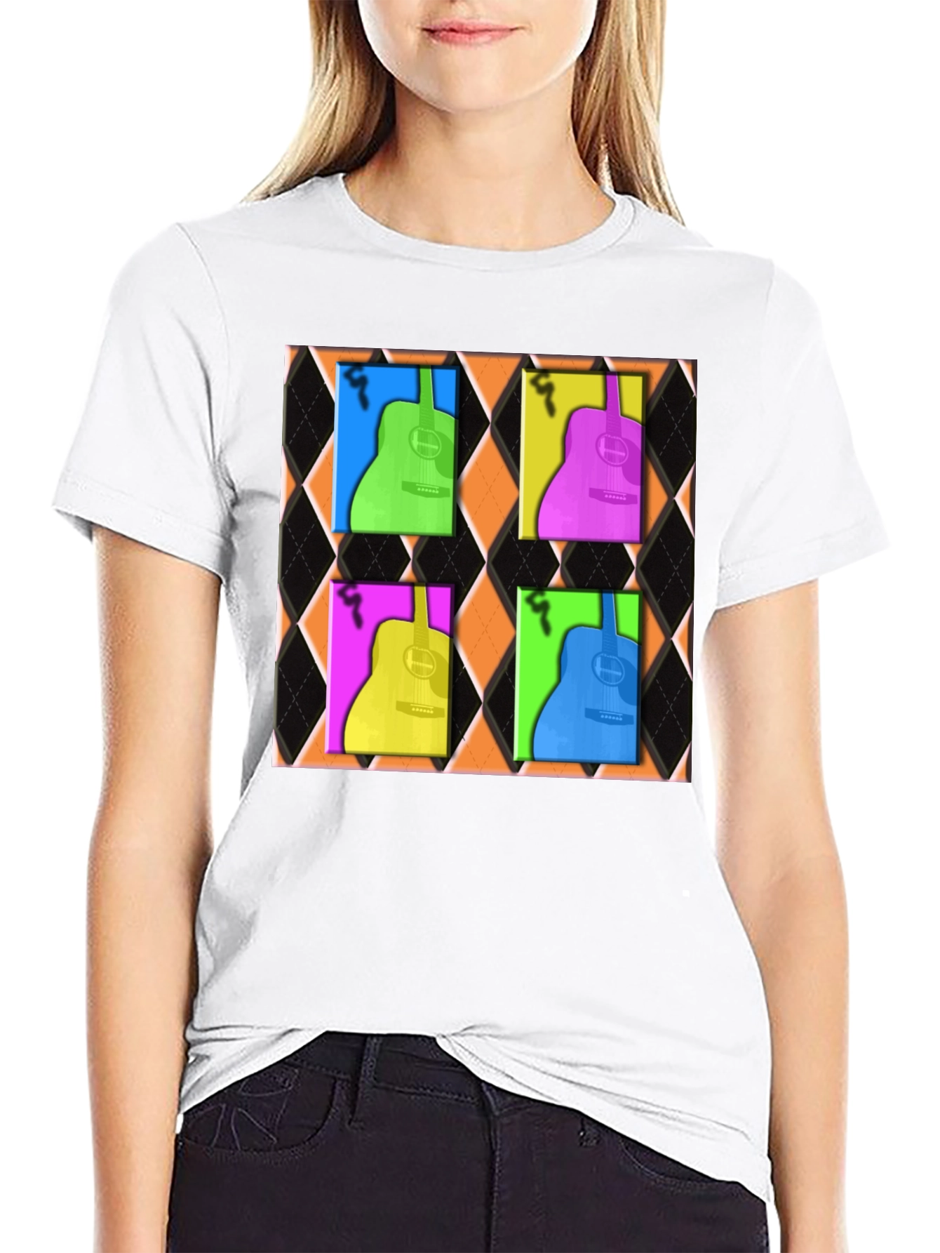 Retro Guitar Graphic Tee - Black Cotton Blend