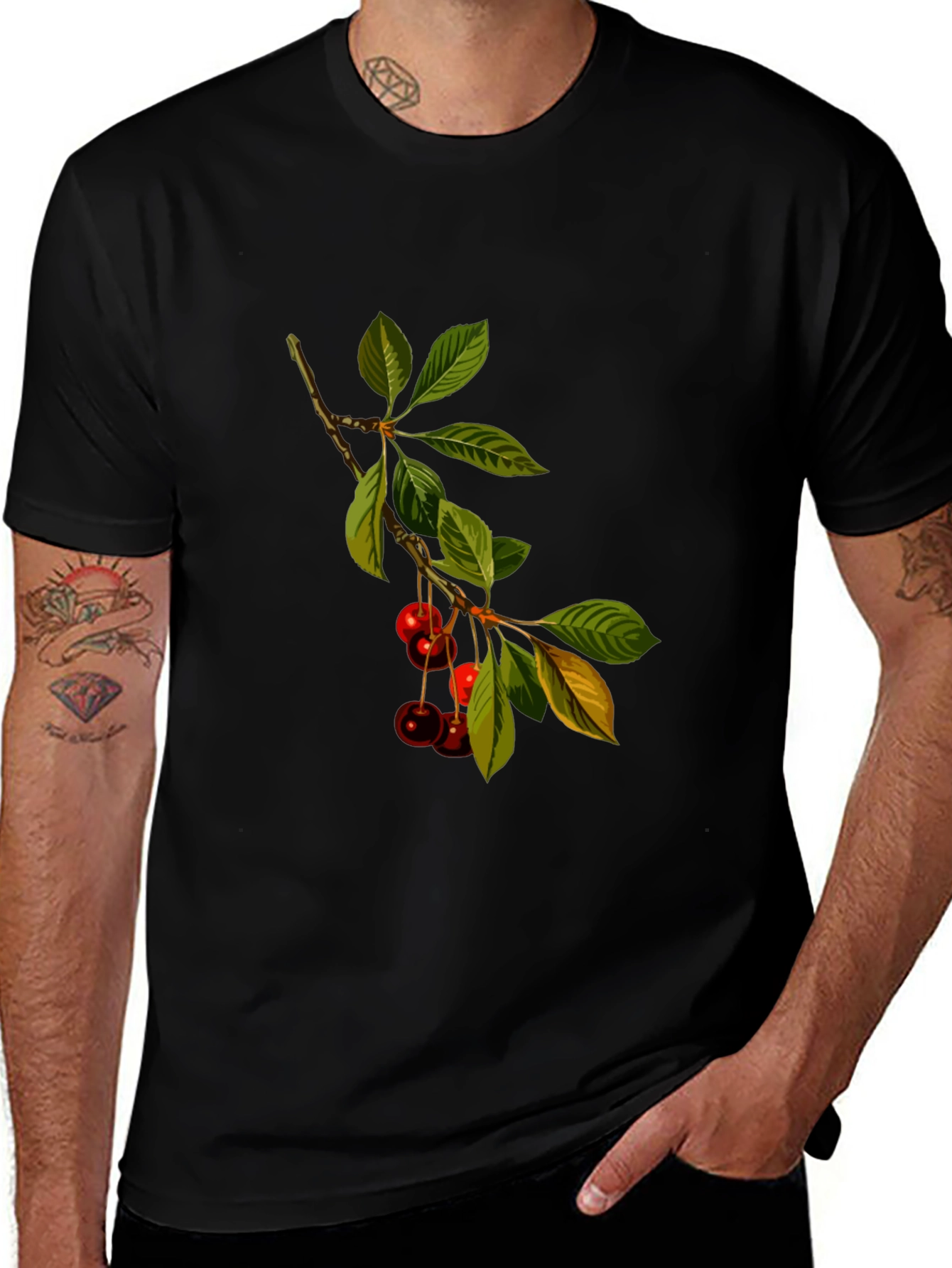 Cherry Branch Print Black T-Shirt