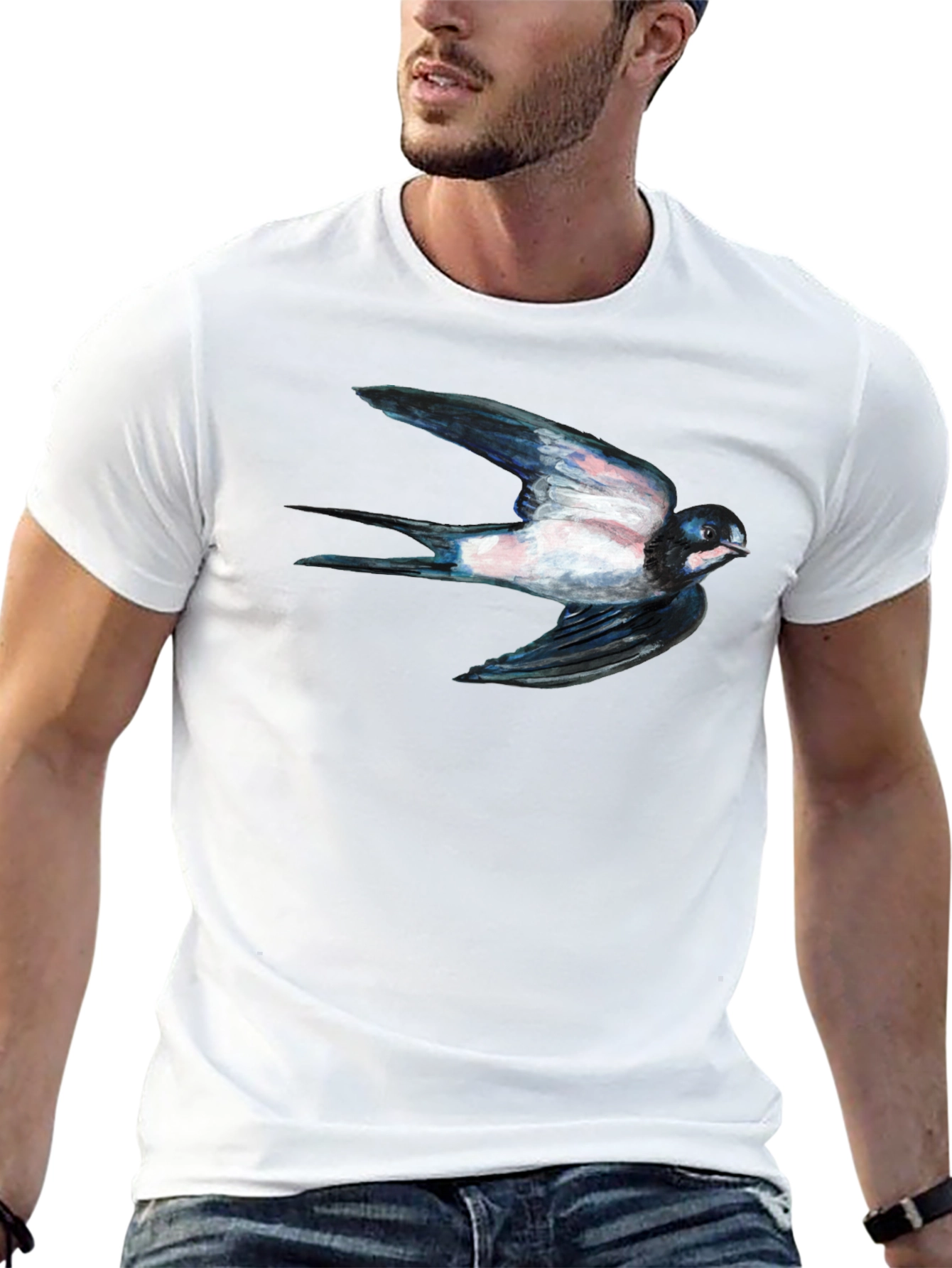 Swallow Bird Print Black Tee