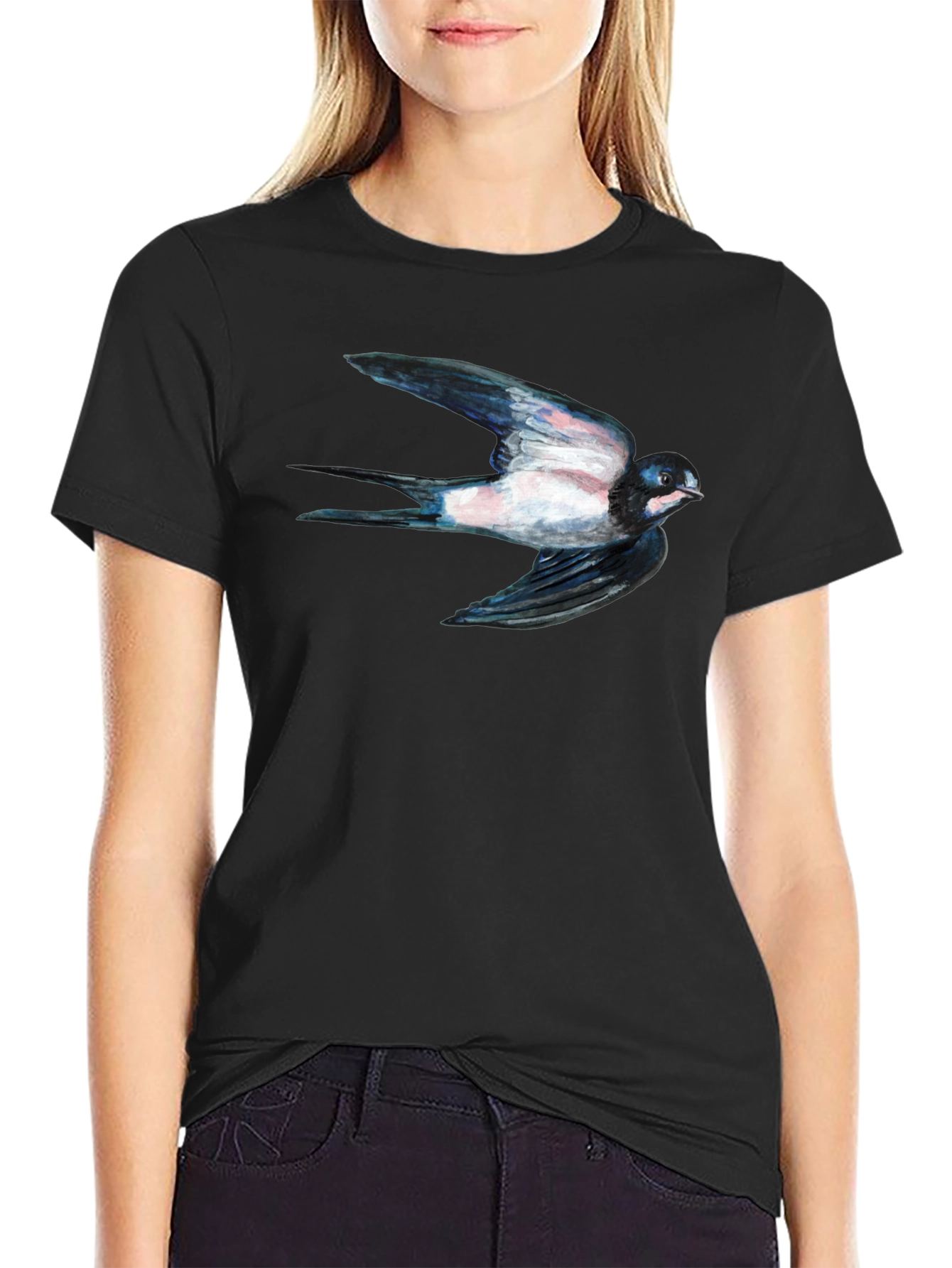 Swallow Bird Print Black Tee