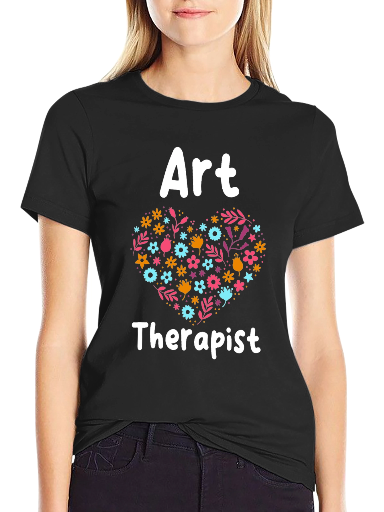 Art Therapist Floral Heart Graphic Tee - Black