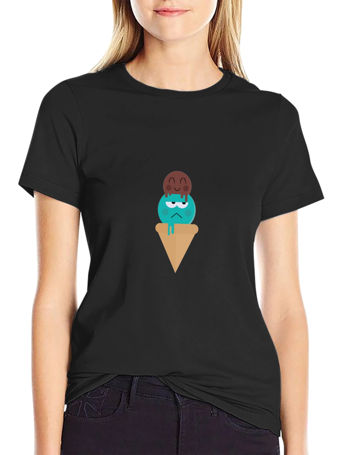 Cartoon Ice Cream Graphic Tee - Unisex Black T-Shirt