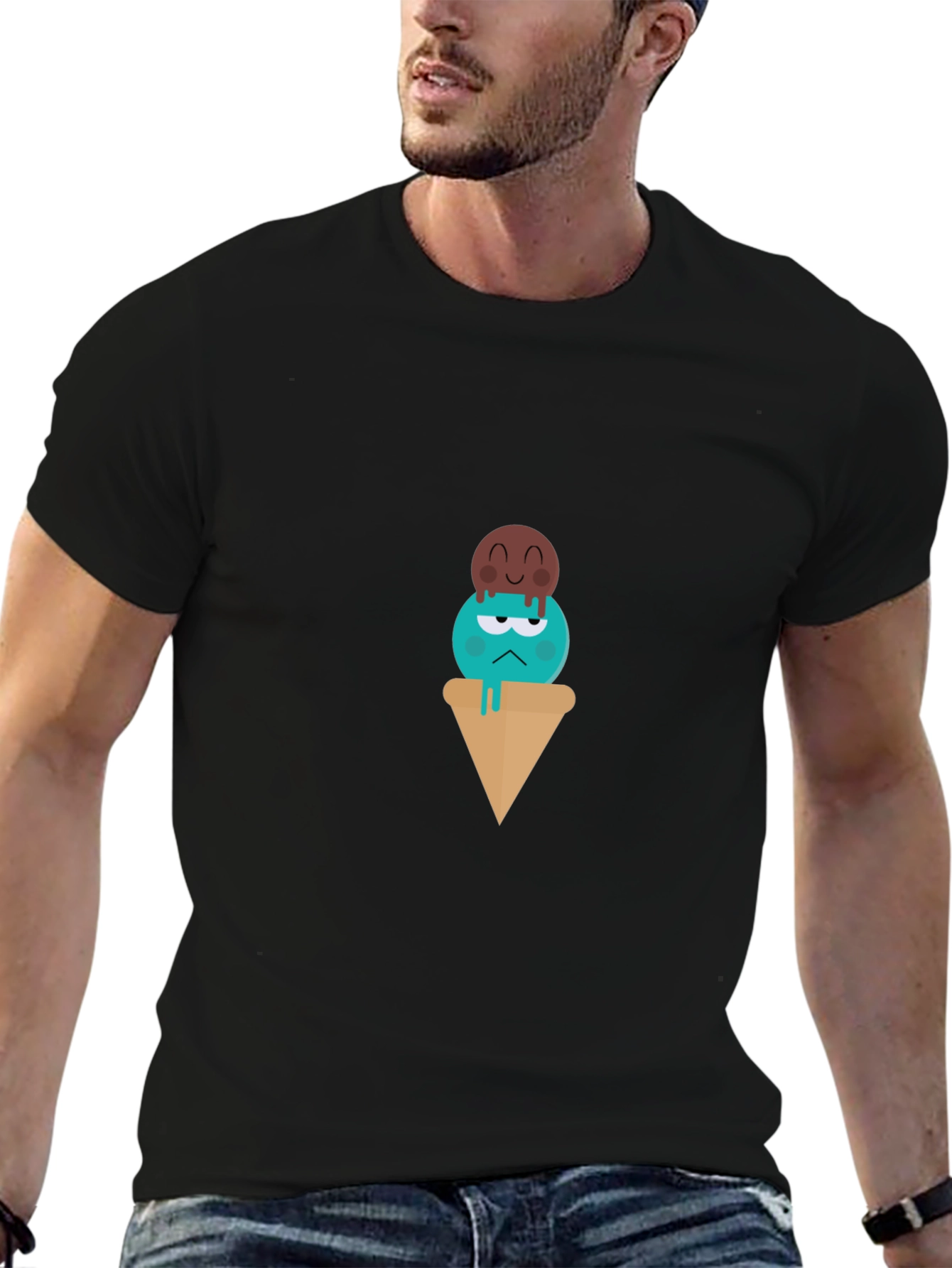 Cartoon Ice Cream Graphic Tee - Unisex Black T-Shirt