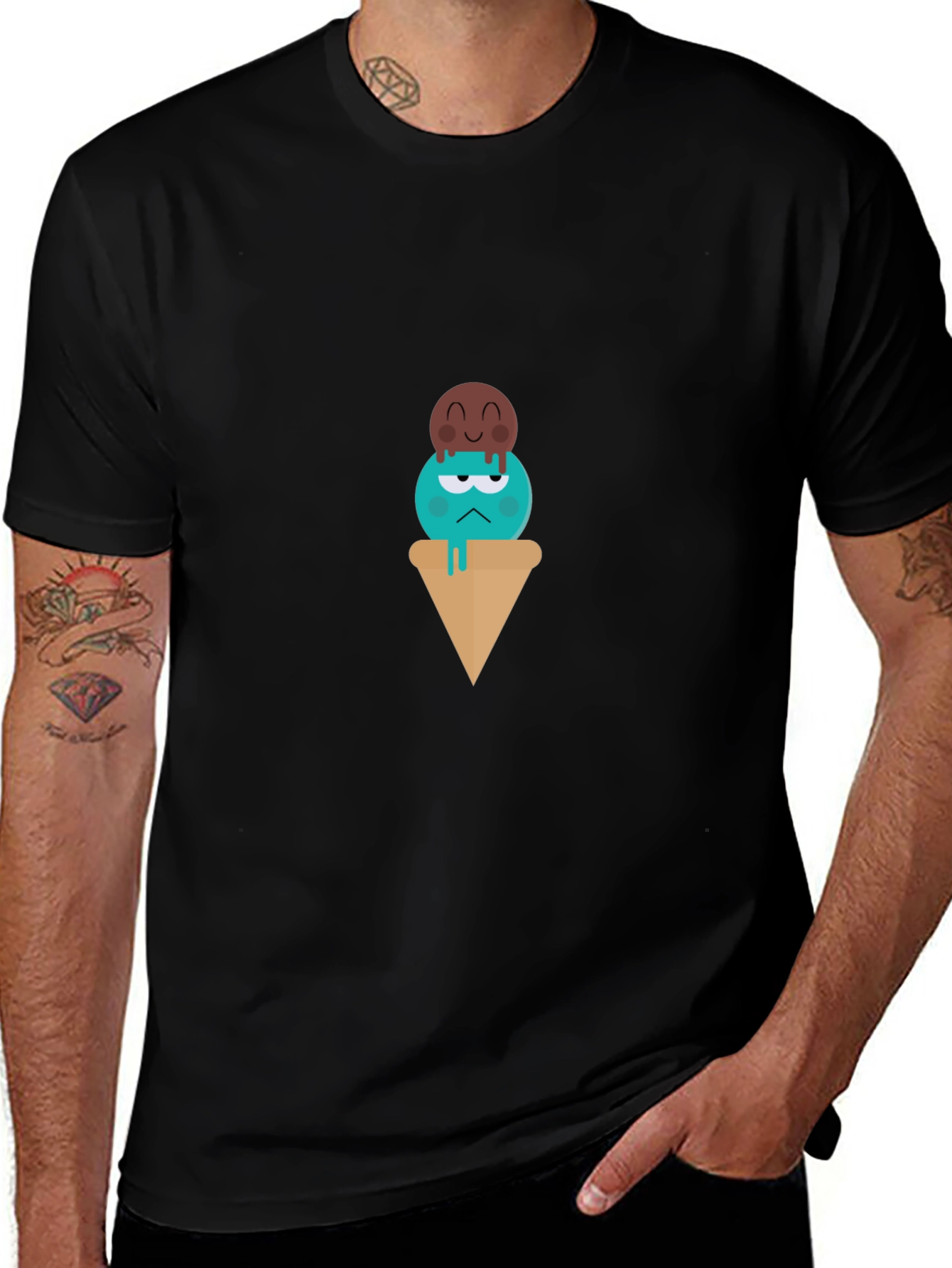 Cartoon Ice Cream Graphic Tee - Unisex Black T-Shirt