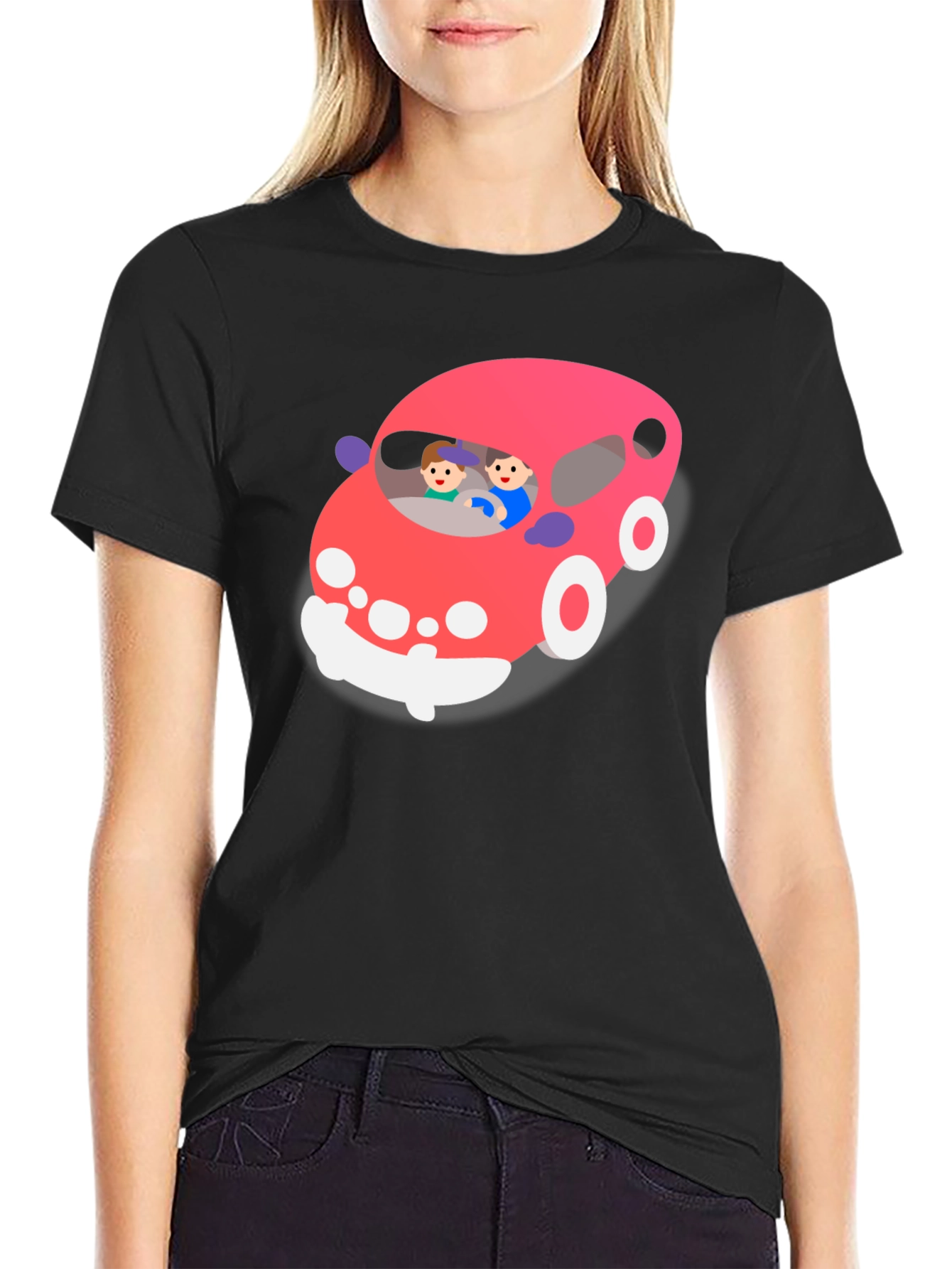 Cartoon Car Graphic T-Shirt - Black Crew Neck Tee