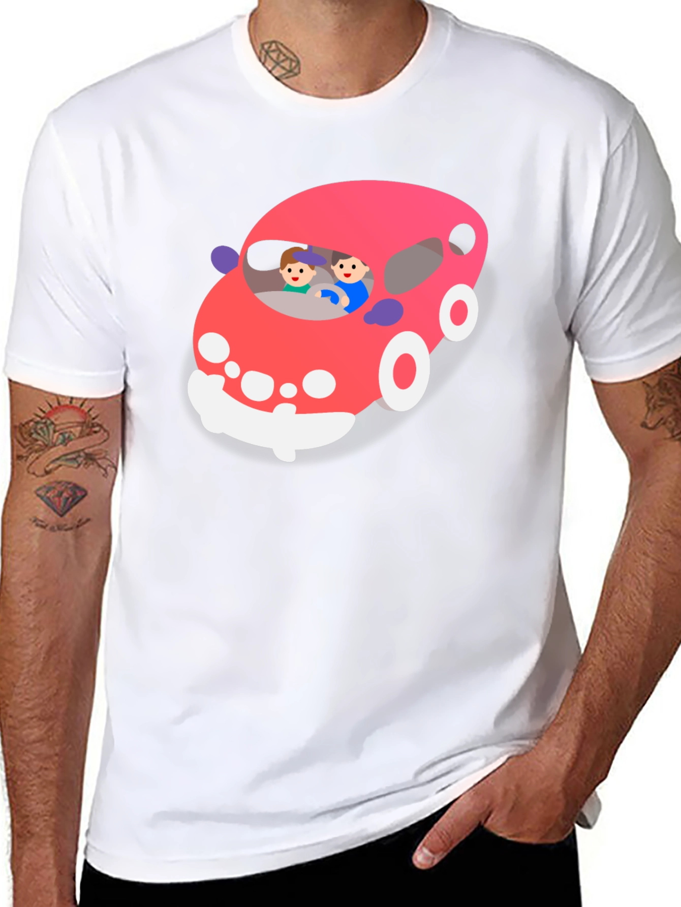 Cartoon Car Graphic T-Shirt - Black Crew Neck Tee