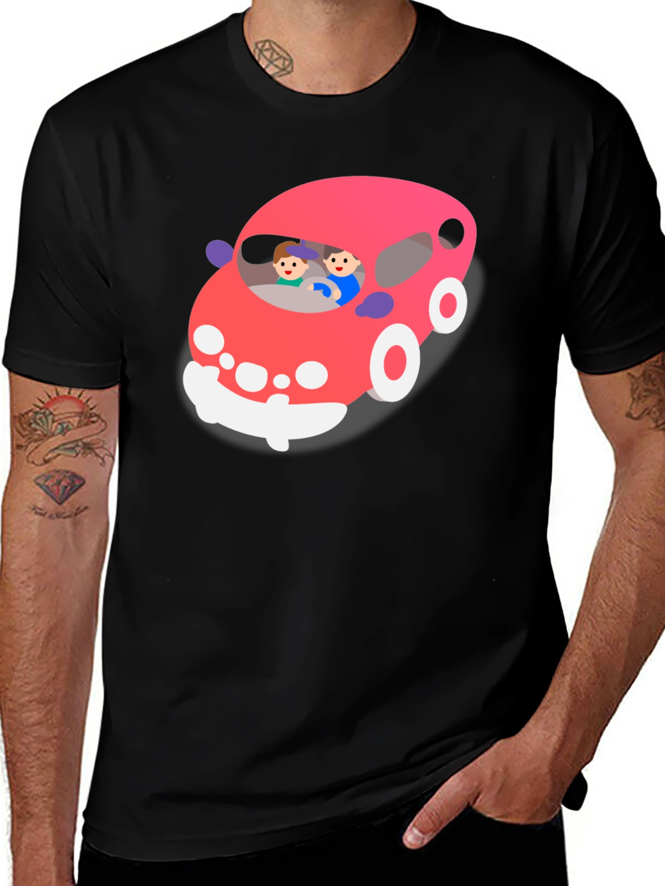 Cartoon Car Graphic T-Shirt - Black Crew Neck Tee