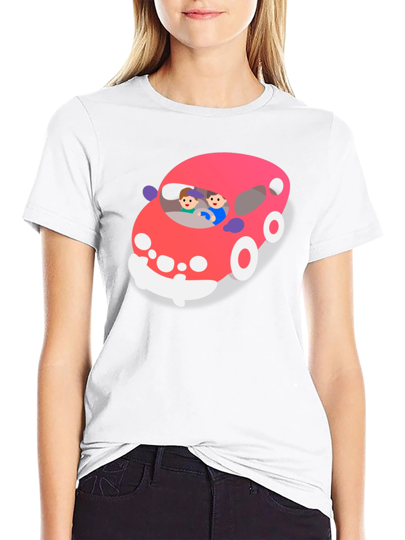 Cartoon Car Graphic T-Shirt - Black Crew Neck Tee