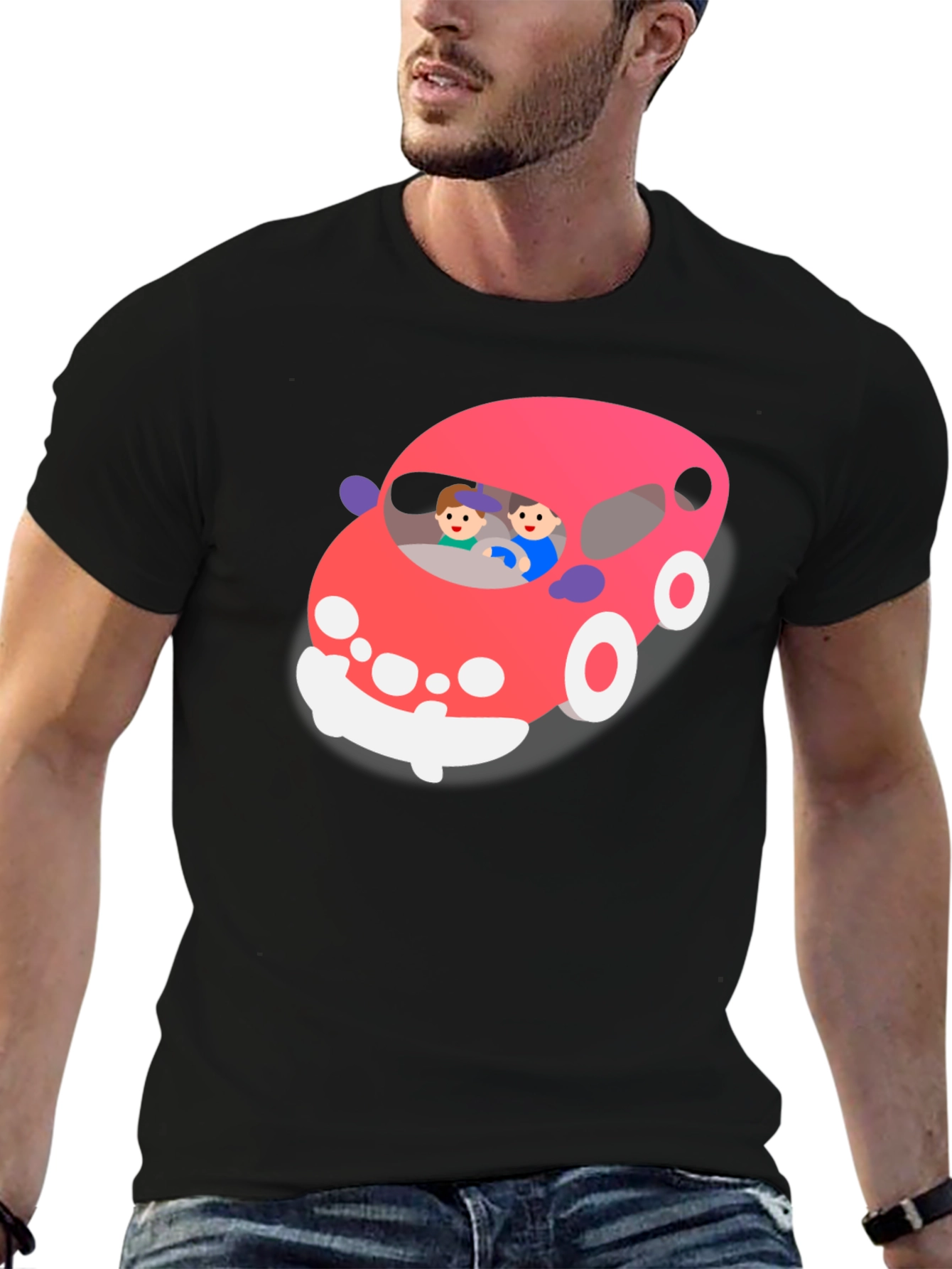 Cartoon Car Graphic T-Shirt - Black Crew Neck Tee