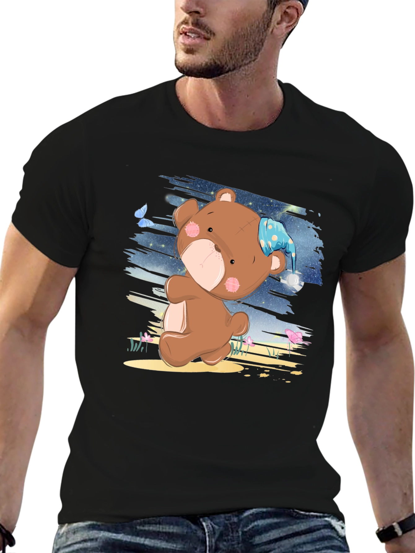 Cute Cartoon Teddy Bear Graphic Print Black T-Shirt