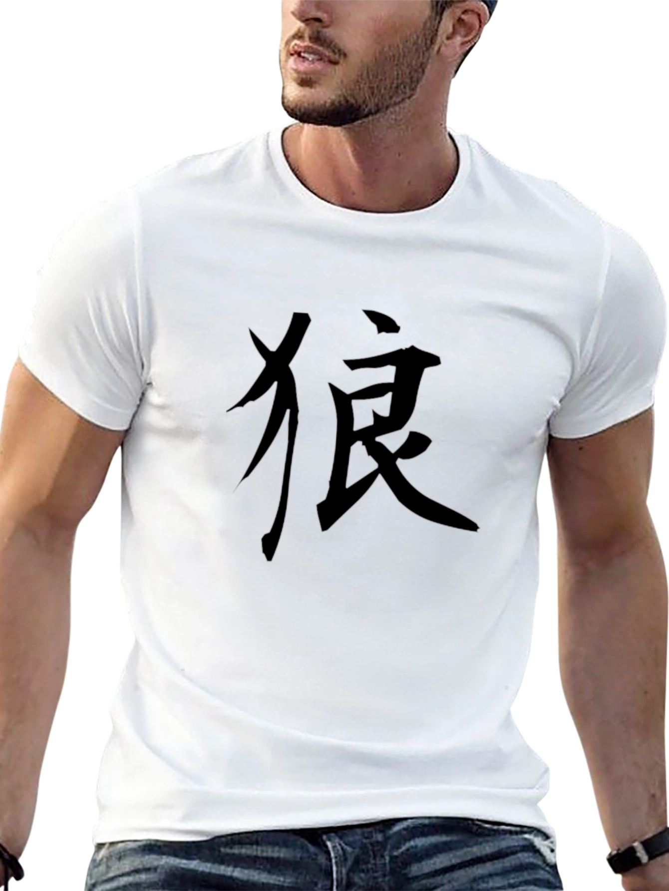 Mens Black T-Shirt with Kanji Wolf Design