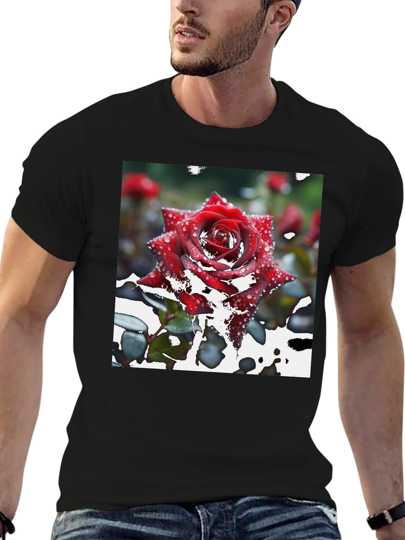Red Rose on Black T-Shirt