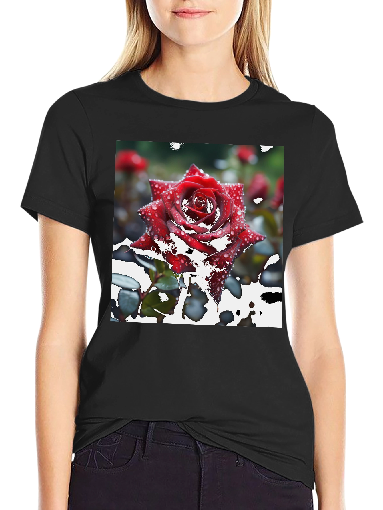 Red Rose on Black T-Shirt