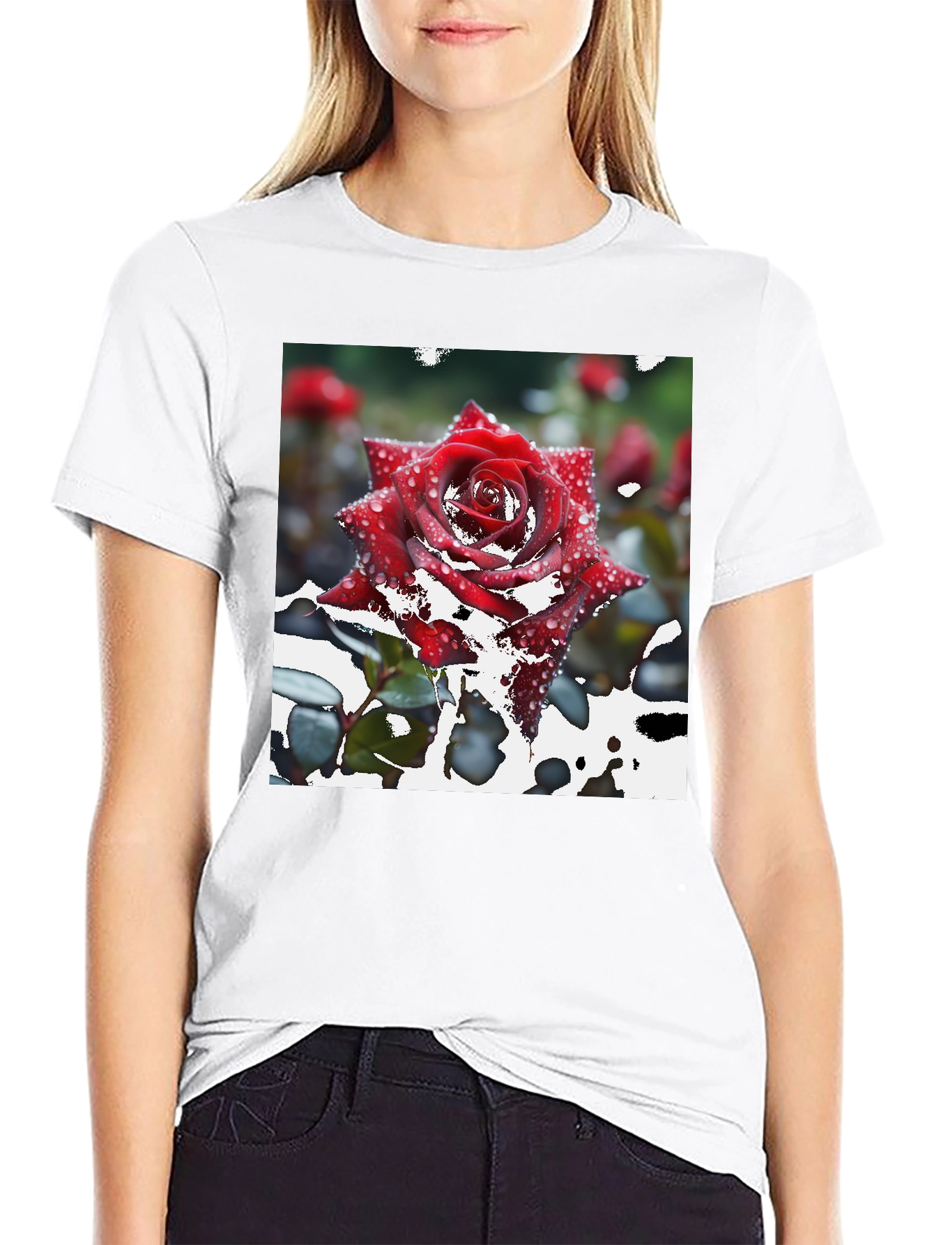 Red Rose on Black T-Shirt