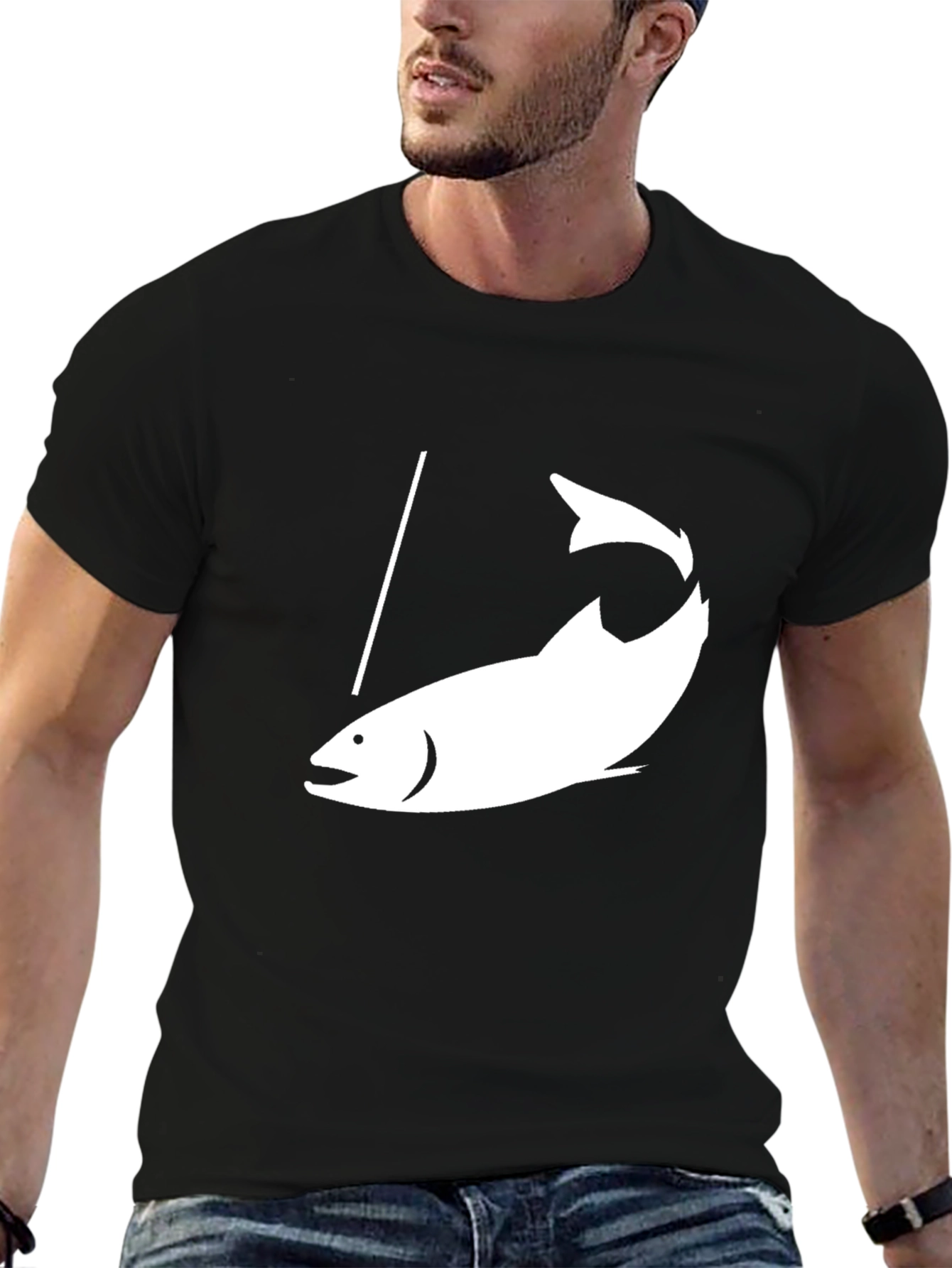 Fishing T-Shirt - Black Tee with White Fish Graphic